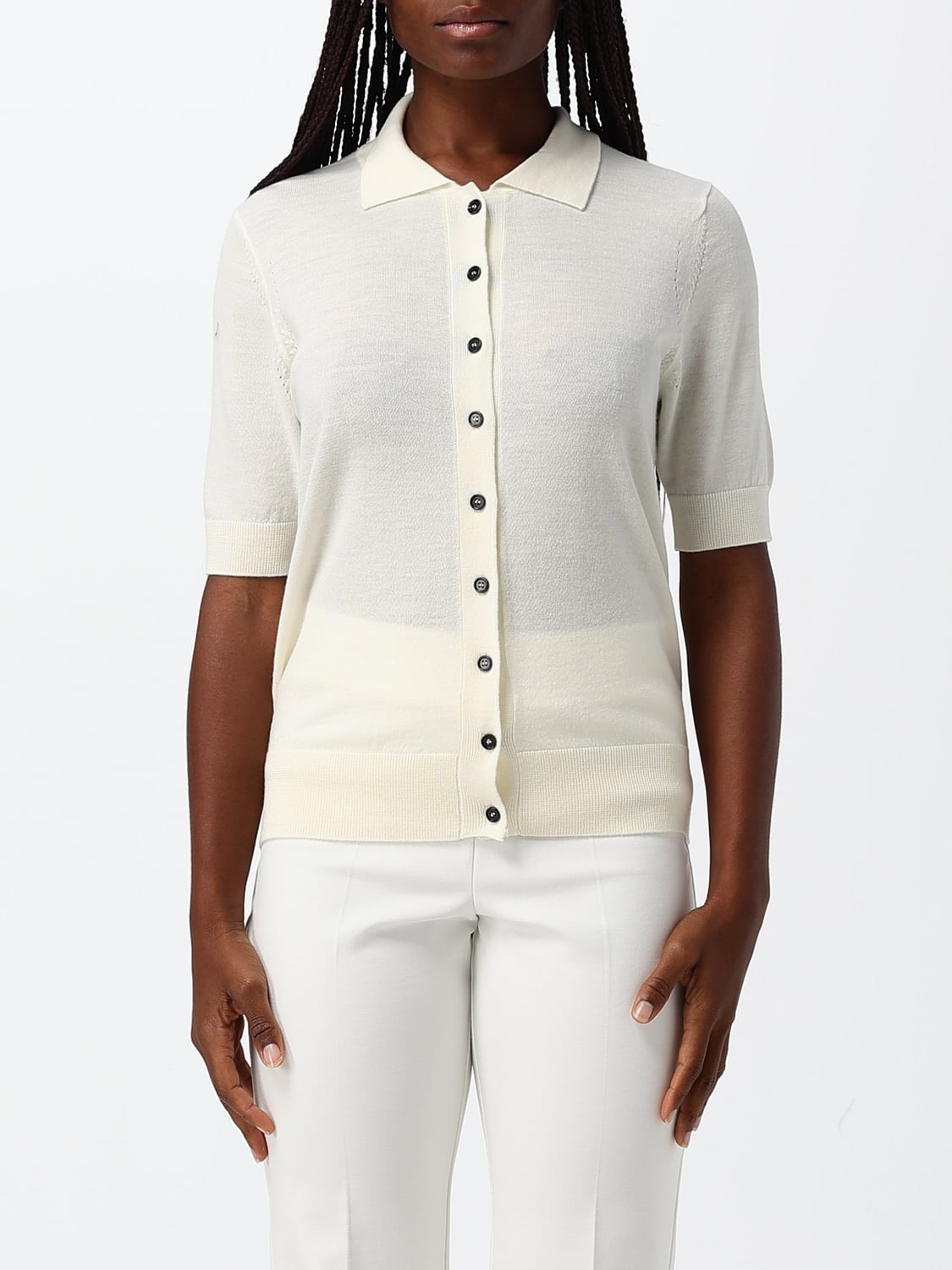 MEIMEIJ PULL: Cardigan MEIMEIJ coupe slim à manches courtes en pure laine vierge, Blanc - Img 1