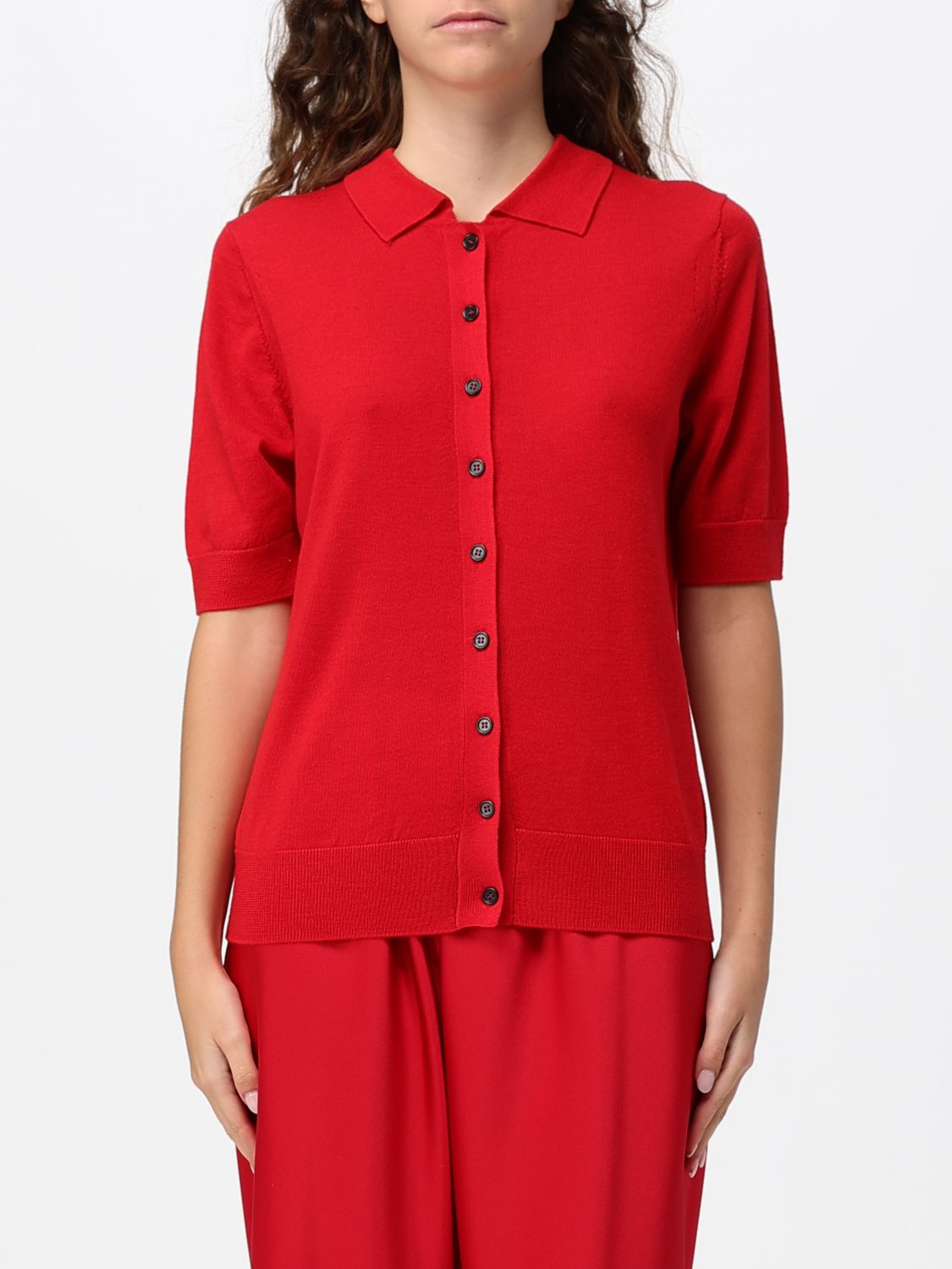 MEIMEIJ PULL: Cardigan MEIMEIJ coupe slim à manches courtes en pure laine vierge, Rouge - Img 1