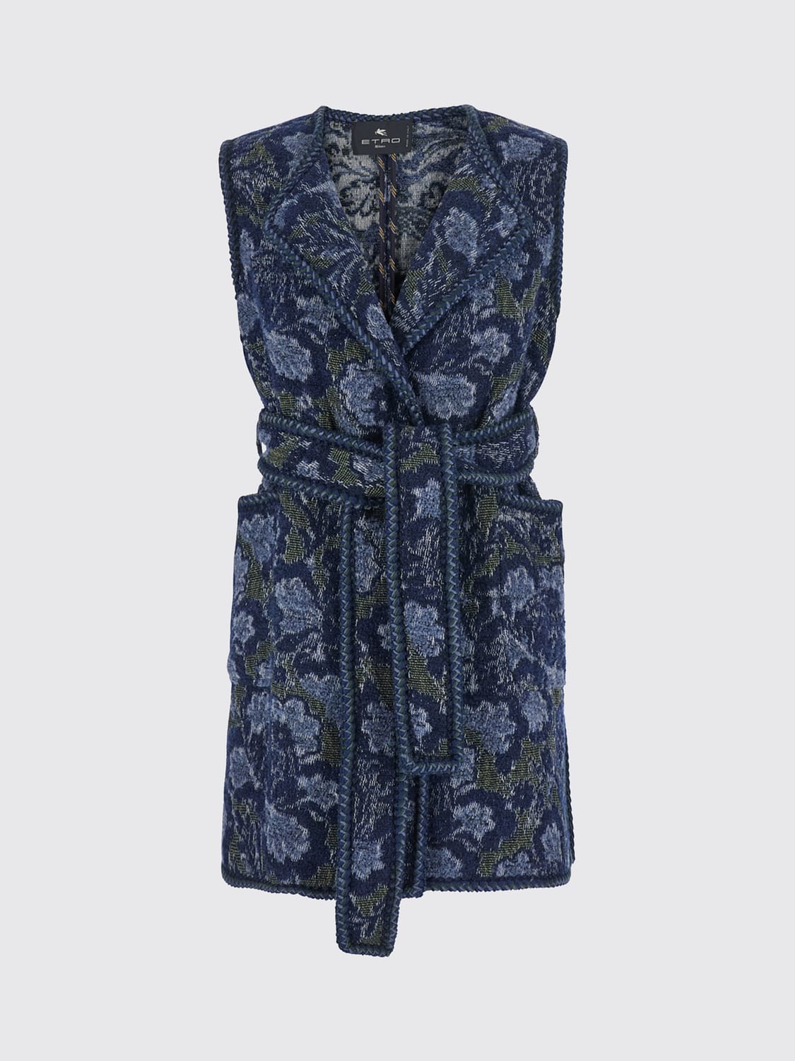 ETRO CHALECO: Chaleco estilo bata Etro de algodón con estampado floral y cinturón, Azul Oscuro - Img 2