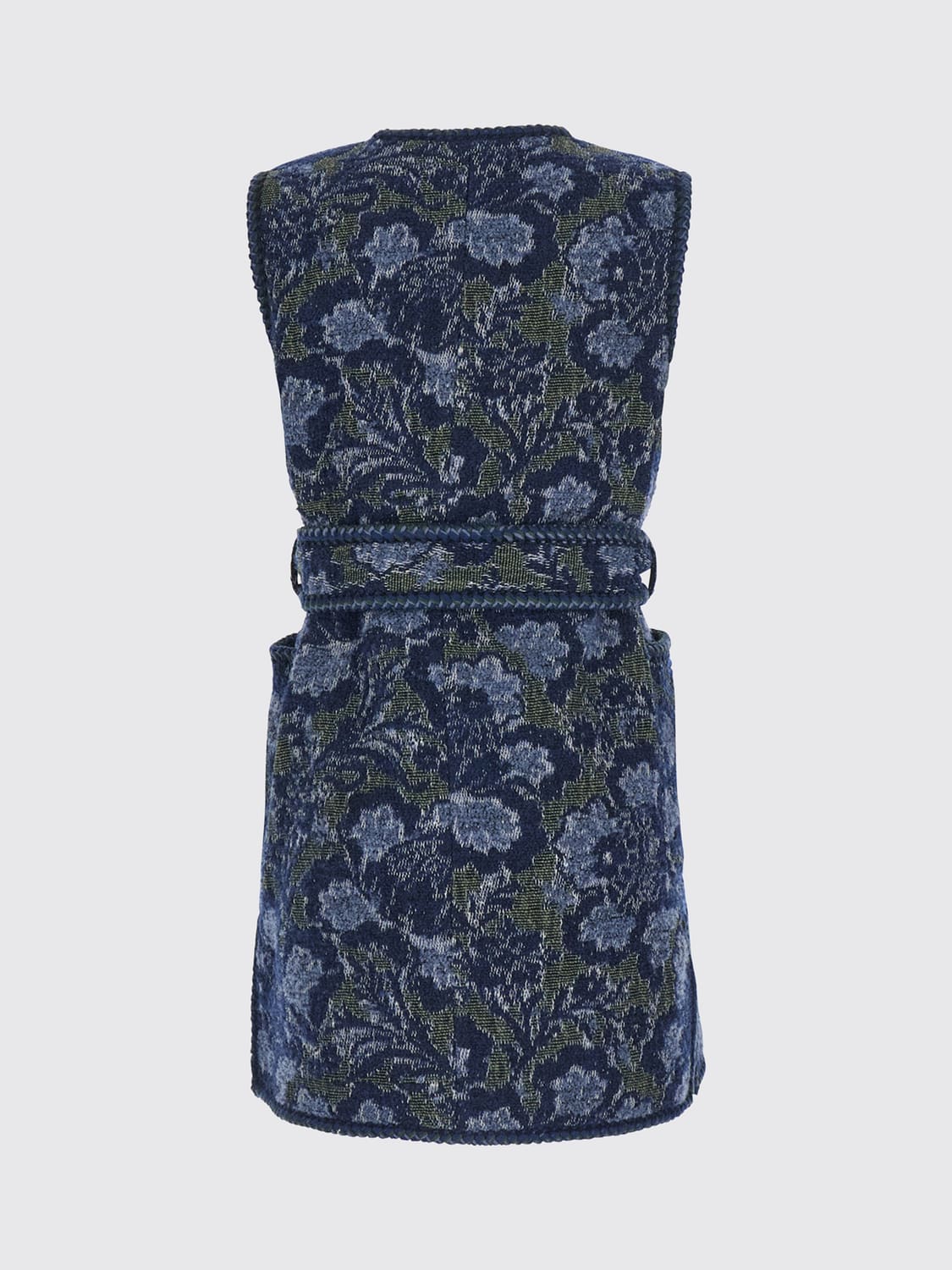 ETRO CHALECO: Chaleco estilo bata Etro de algodón con estampado floral y cinturón, Azul Oscuro - Img 3