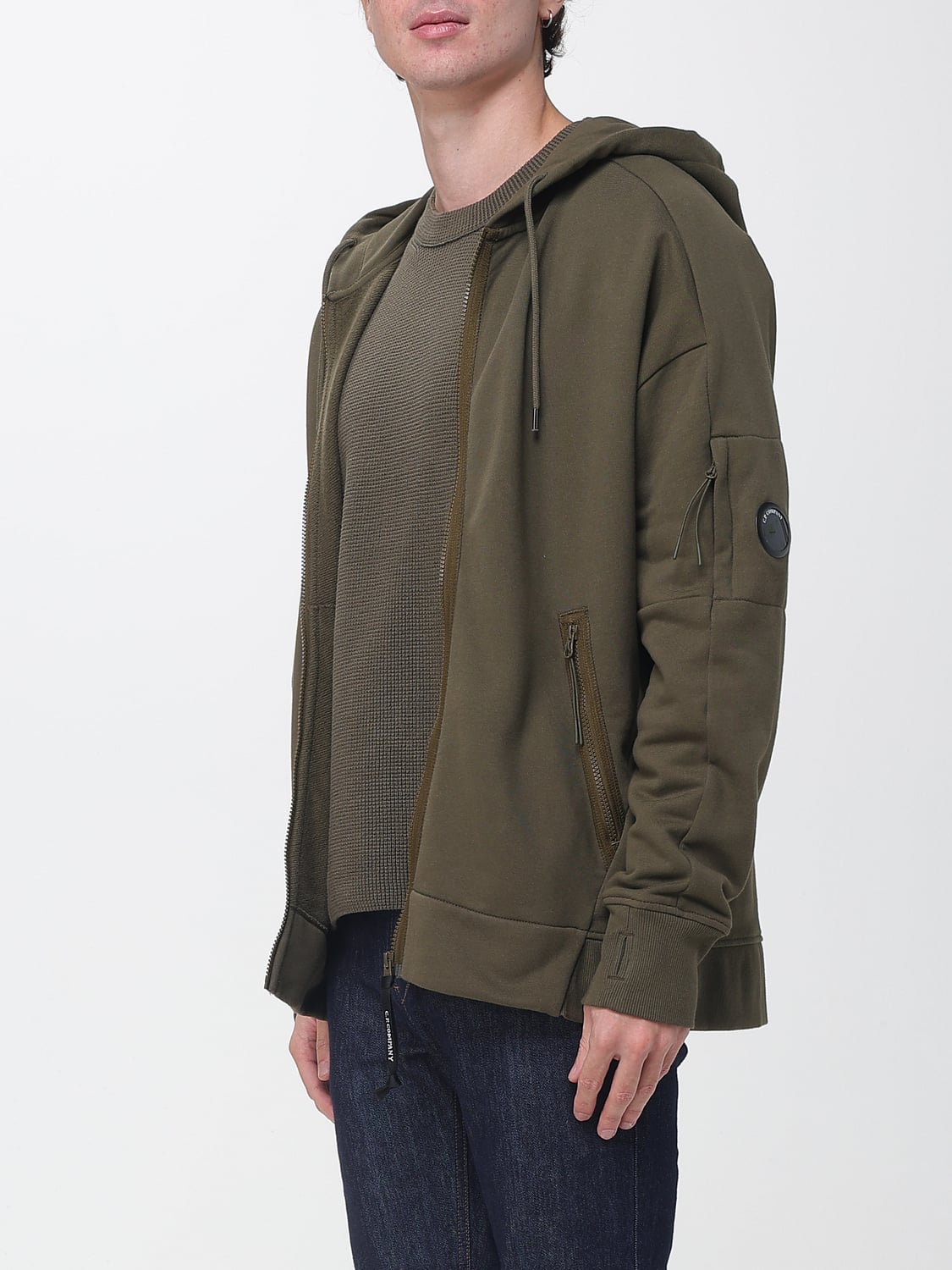 C.P. COMPANY SWEATSHIRT: Sweat à capuche zippé C.P. Company en coton à la coupe décontractée, Olive - Img 3