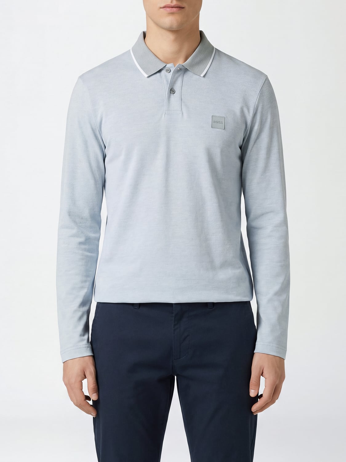 BOSS POLO: Langärmeliges Baumwoll-Poloshirt Boss mit Kontrastbesätzen, Grau - Img 1
