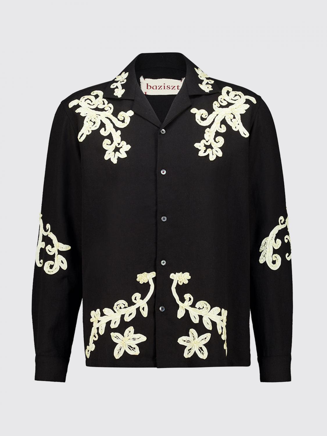 BAZISZT CAMISA: Camisa Baziszt de algodón y cáñamo con manga larga y estampado floral, Negro - Img 2
