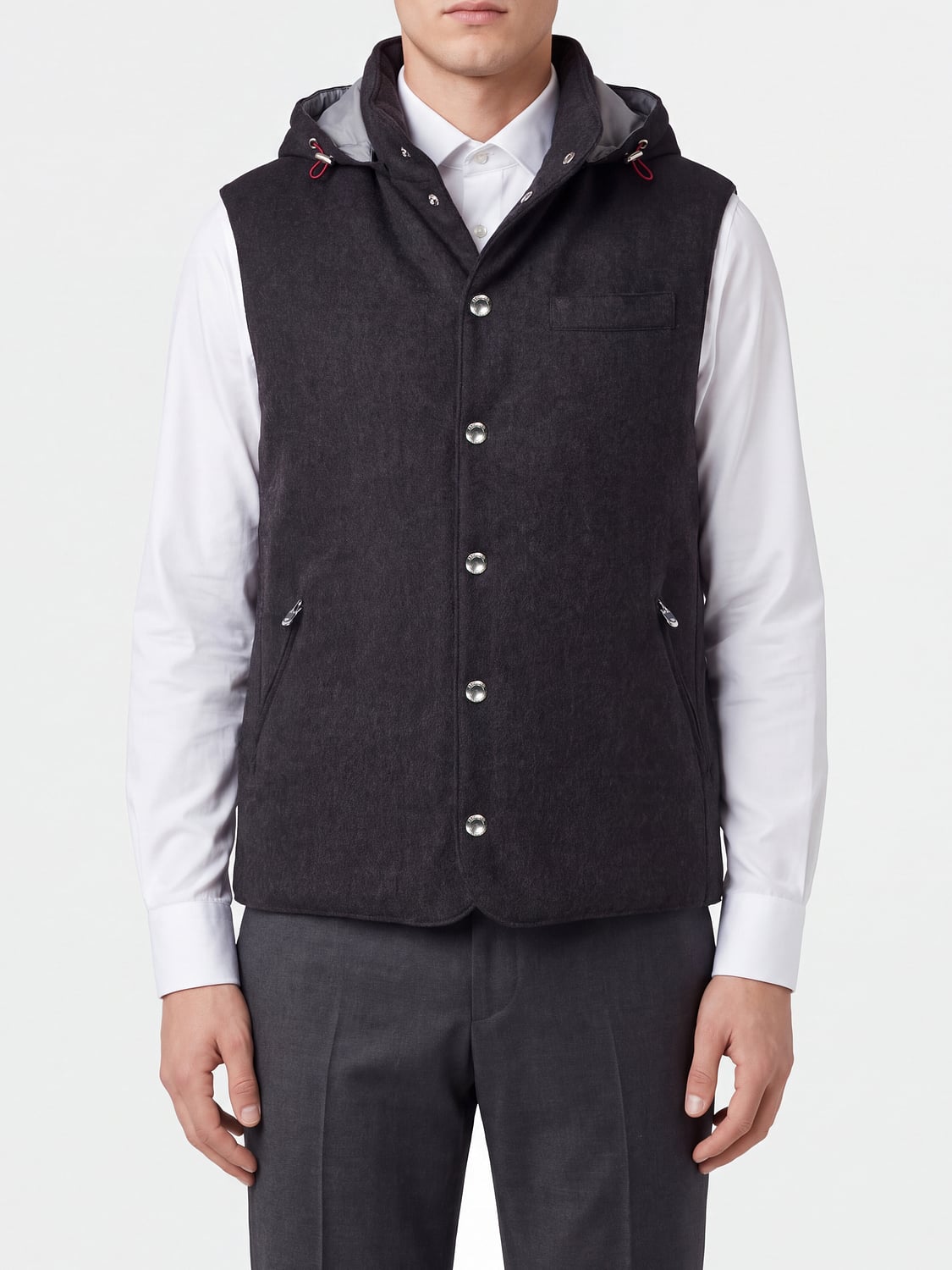 BRUNELLO CUCINELLI SUIT VEST: Brunello Cucinelli Padded Cashmere and Wool Vest with Detachable Hood, Blue - Img 1