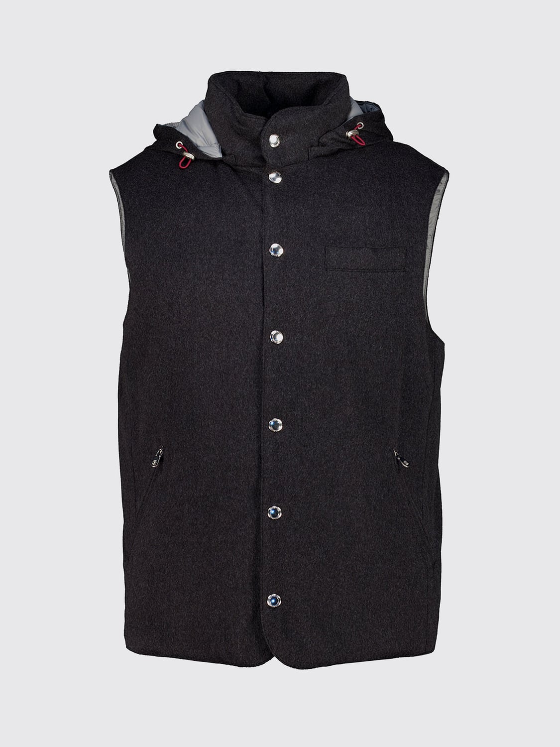 BRUNELLO CUCINELLI SUIT VEST: Brunello Cucinelli Padded Cashmere and Wool Vest with Detachable Hood, Blue - Img 2