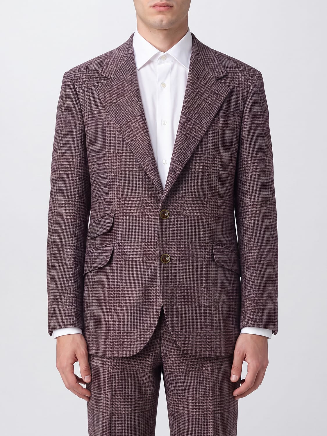 BRUNELLO CUCINELLI JACKET: Brunello Cucinelli Single-Breasted Tartan Blazer in Wool and Cashmere, Brown - Img 1