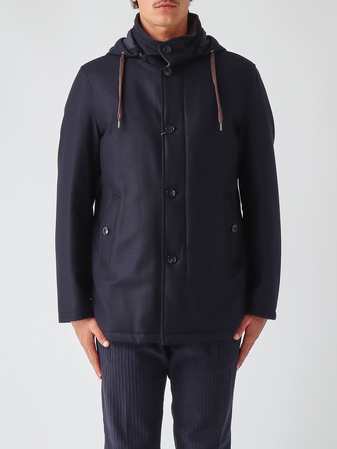 HERNO COAT: Single-Breasted Wool and Silk Coat Herno with a Hood and High Neck, Navy - Img 1