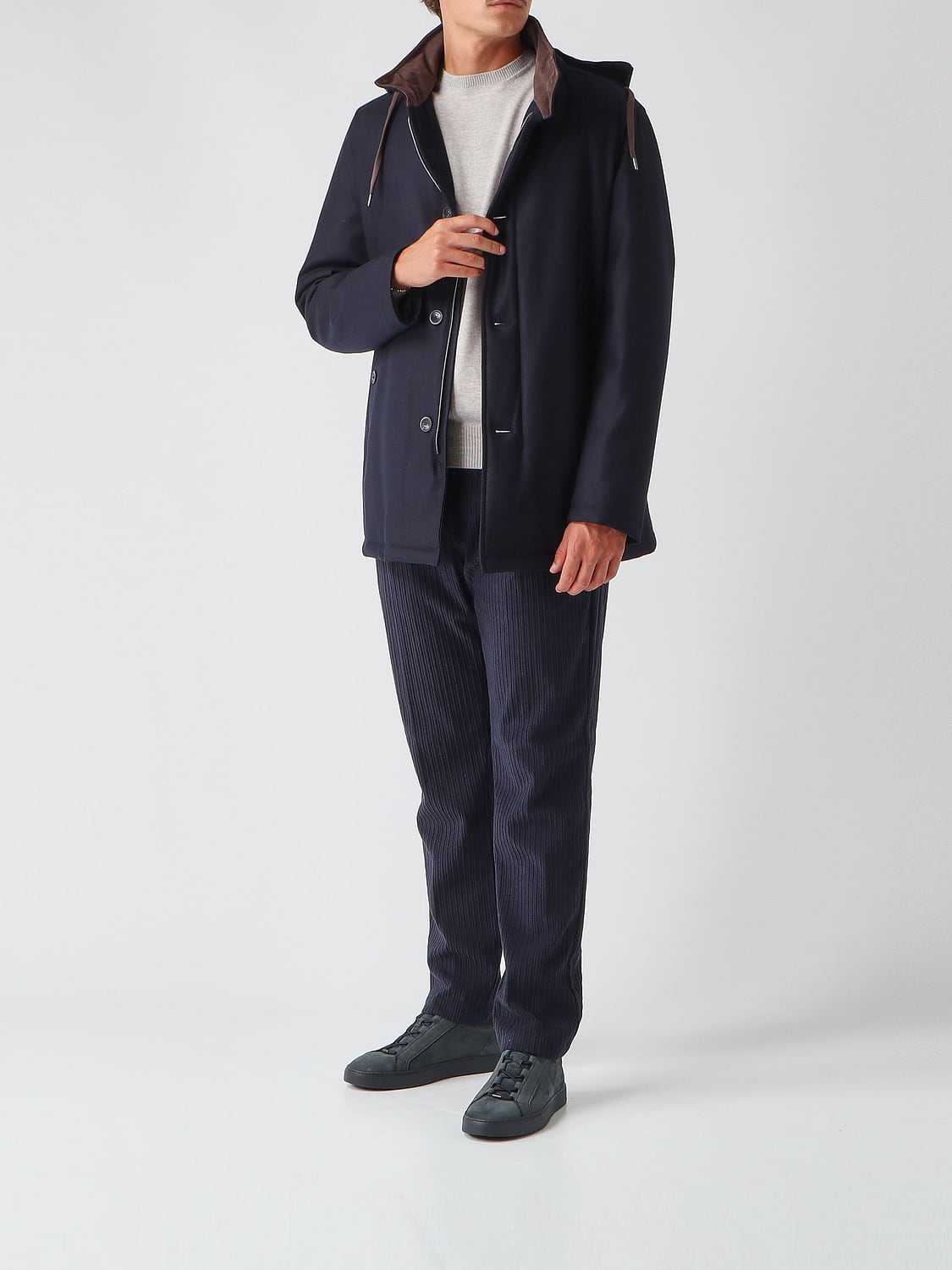 HERNO COAT: Single-Breasted Wool and Silk Coat Herno with a Hood and High Neck, Navy - Img 2