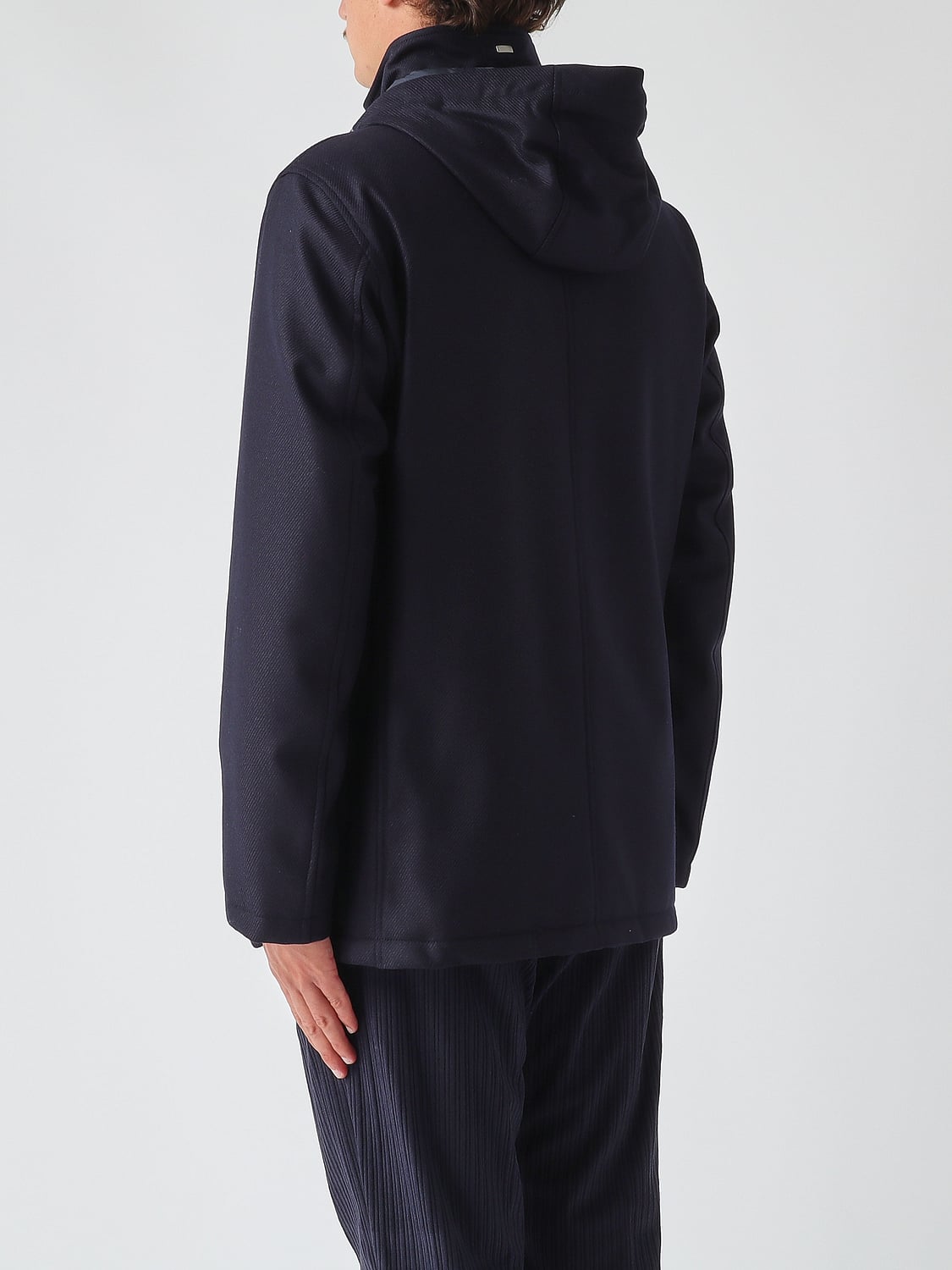 HERNO COAT: Single-Breasted Wool and Silk Coat Herno with a Hood and High Neck, Navy - Img 3