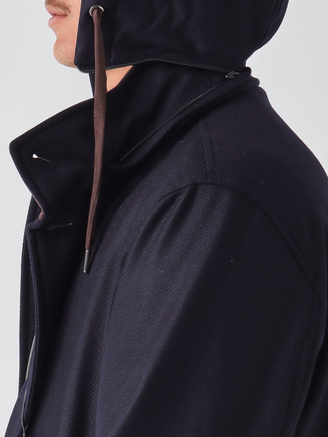 HERNO COAT: Single-Breasted Wool and Silk Coat Herno with a Hood and High Neck, Navy - Img 4