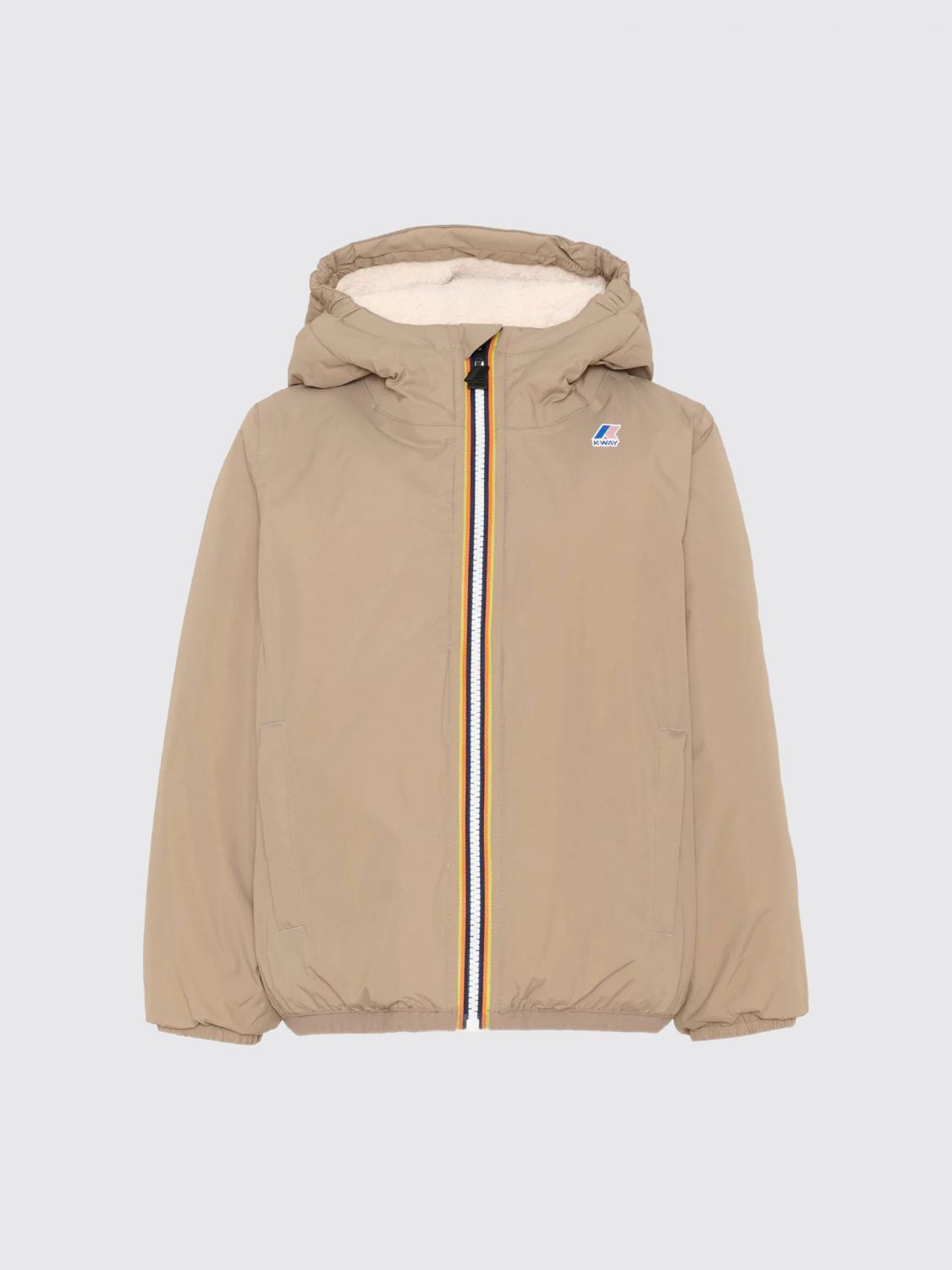K-WAY JACKET: K-Way Boy's Le Vrai 4.0 Claude Jacket with Hood and Shearling Interior, Brown - Img 1