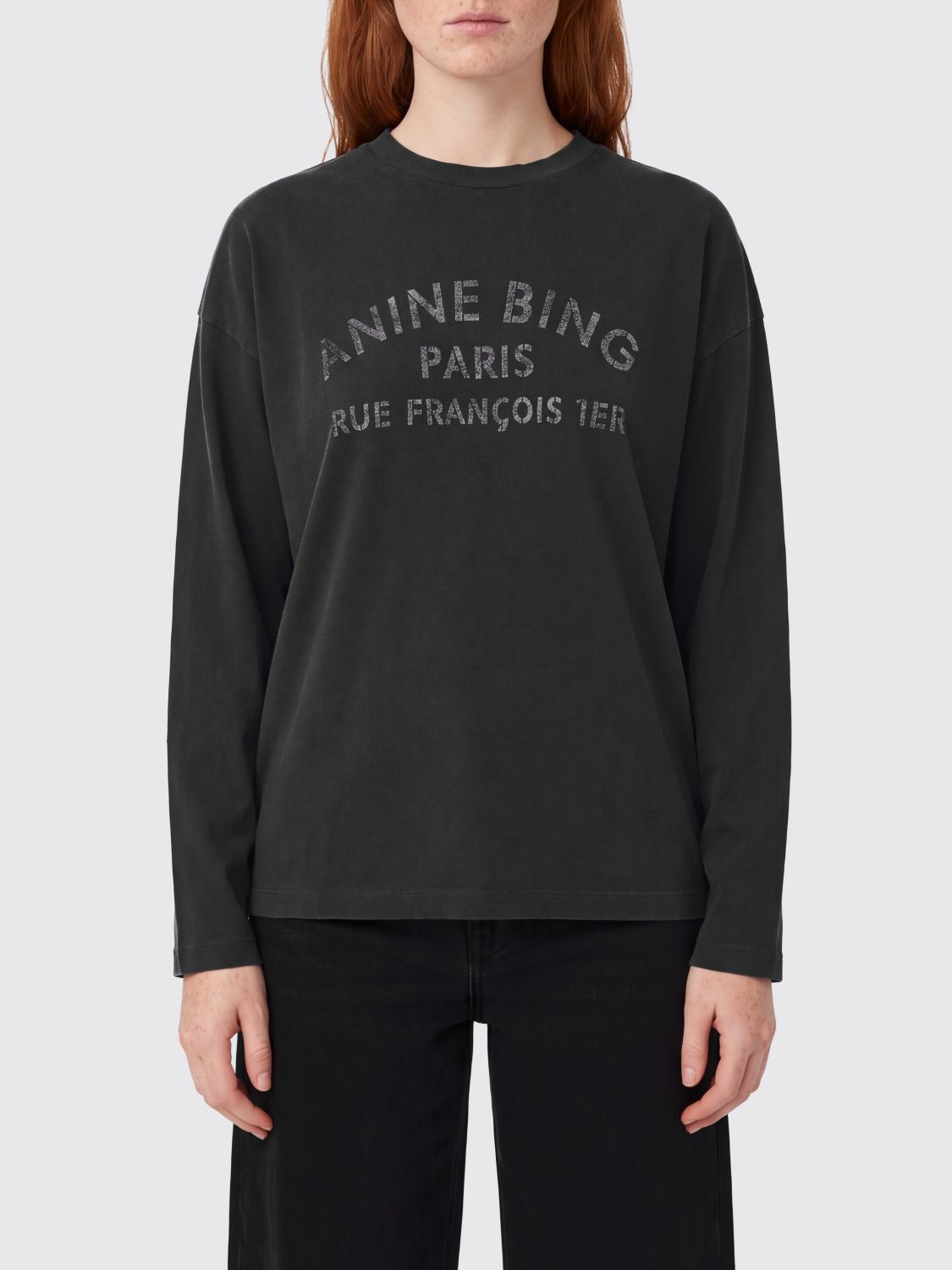 ANINE BING T-SHIRT: Langärmeliges Anine Bing Baumwoll-T-Shirt mit kontrastierendem Logo-Druck, Schwarz - Img 1