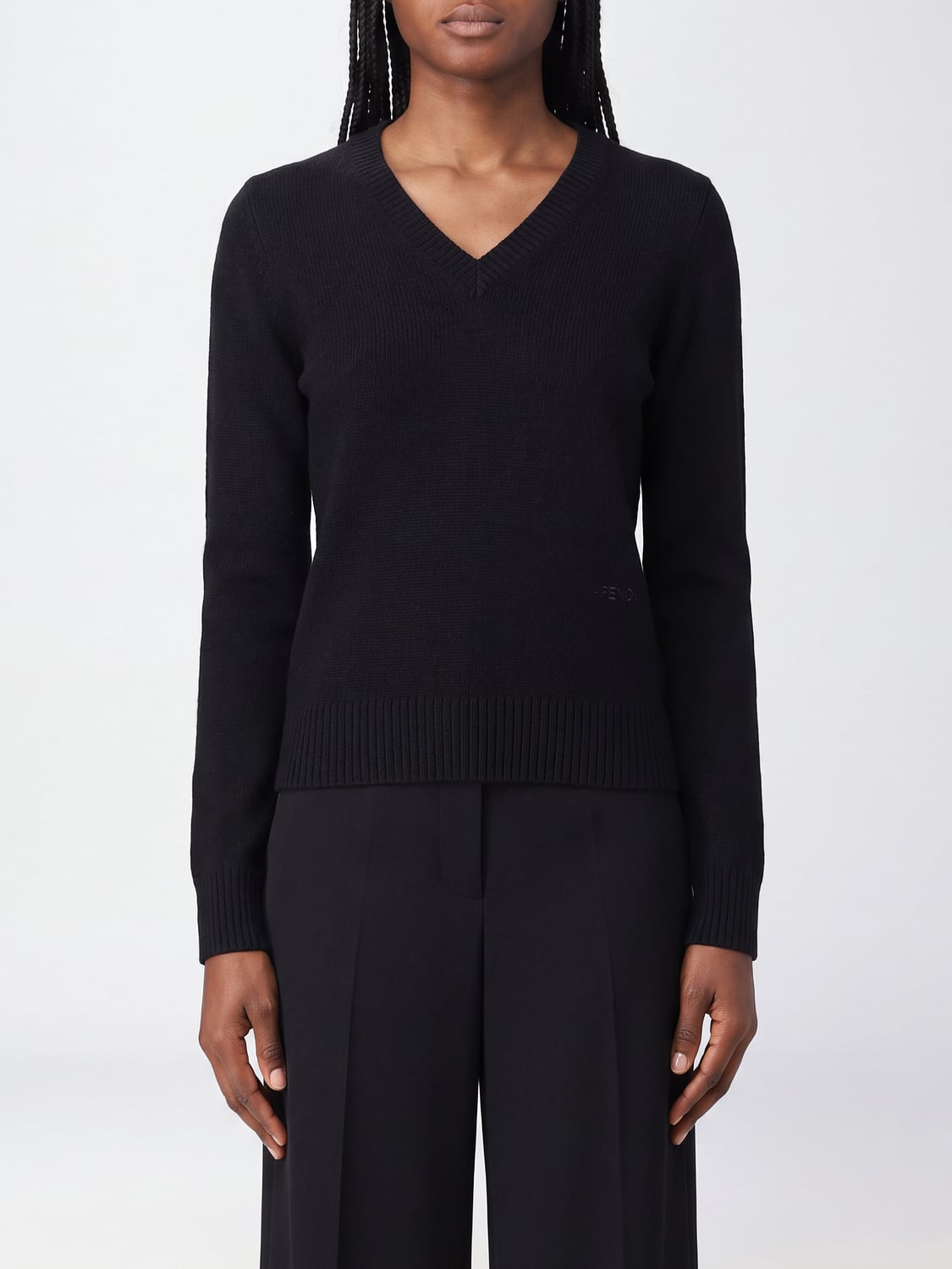 FENDI PULLOVER: V-Ausschnitt-Pullover Fendi aus 100% Kaschmir mit Rippbündchen, Schwarz - Img 1
