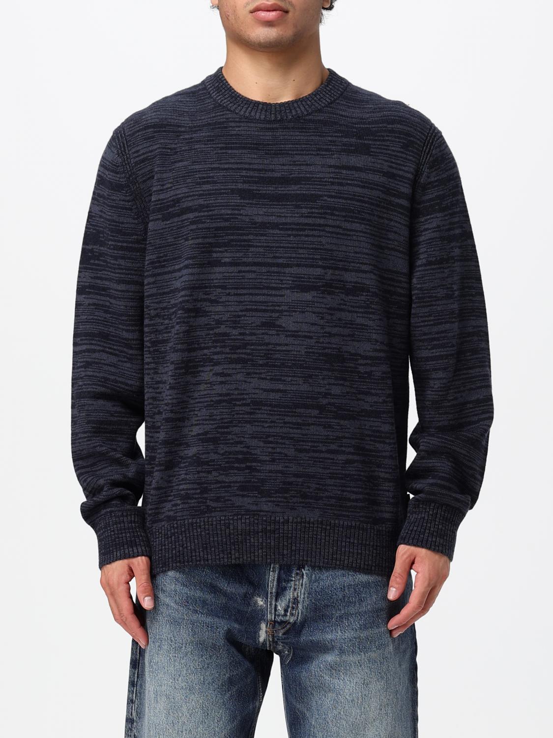 BOSS PULL: Pull à col rond Boss en laine vierge à motif abstrait et bords côtelés, Bleu - Img 1