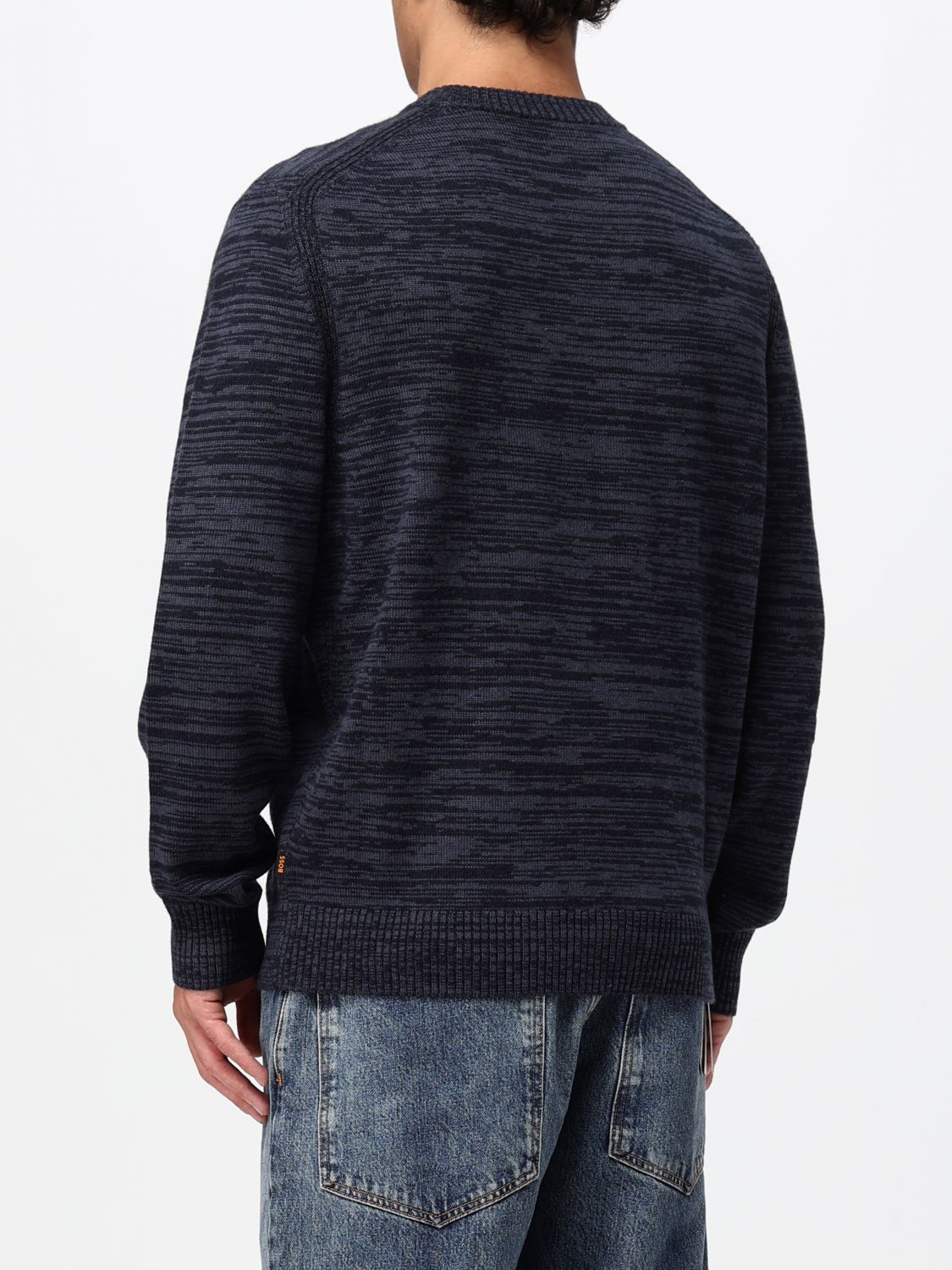 BOSS PULL: Pull à col rond Boss en laine vierge à motif abstrait et bords côtelés, Bleu - Img 2