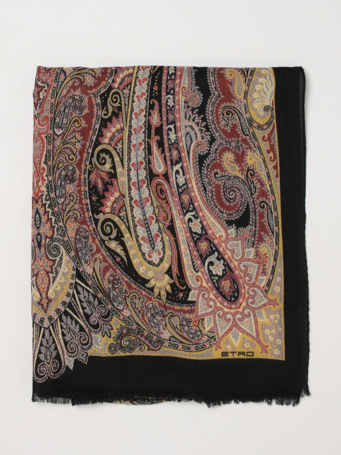 ETRO ÉCHARPE: Écharpe Etro 100% cachemire avec imprimé Paisley et bords frangés, Noir - Img 1
