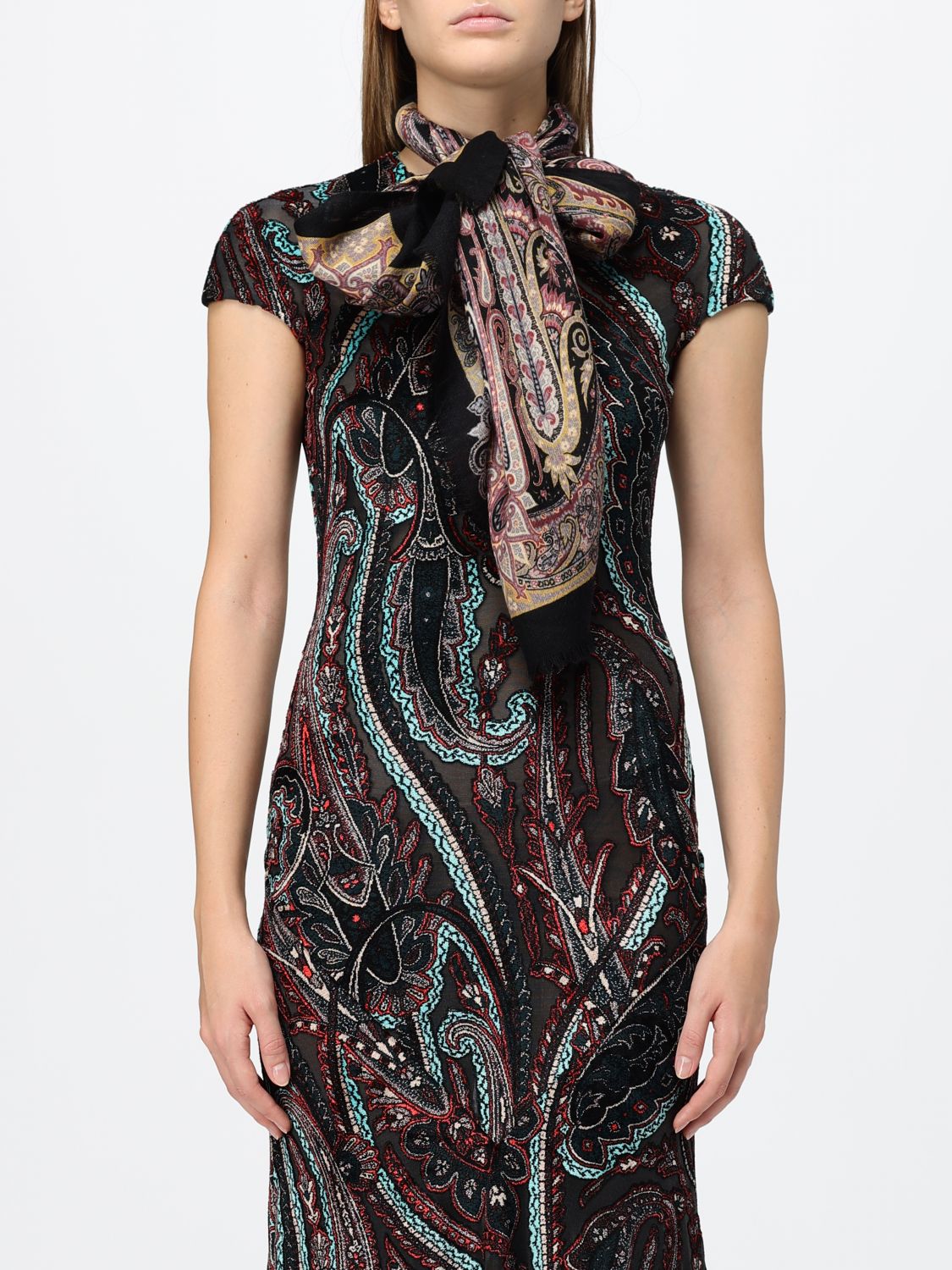 ETRO ÉCHARPE: Écharpe Etro 100% cachemire avec imprimé Paisley et bords frangés, Noir - Img 2
