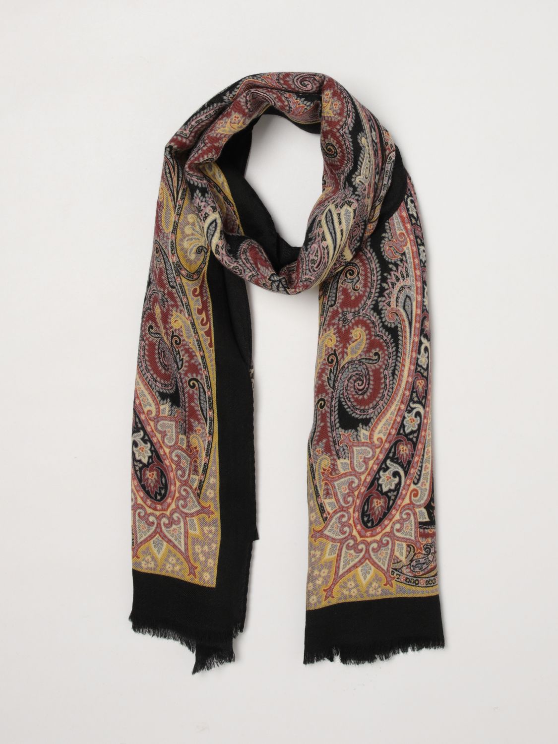ETRO ÉCHARPE: Écharpe Etro 100% cachemire avec imprimé Paisley et bords frangés, Noir - Img 5
