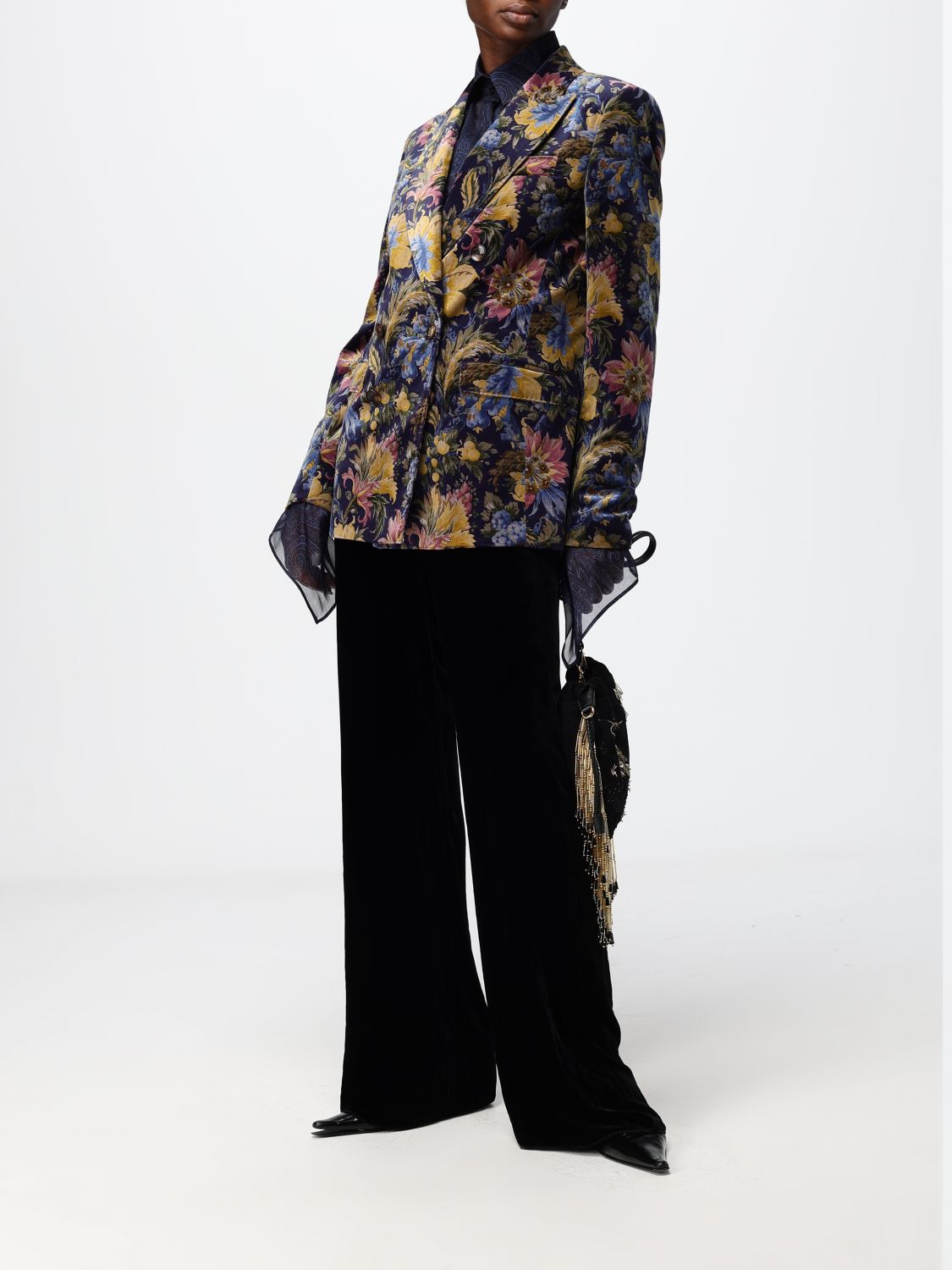 ETRO JACKET: Etro Floral Print Velvet Double-Breasted Blazer with Peak Lapels, Blue - Img 2