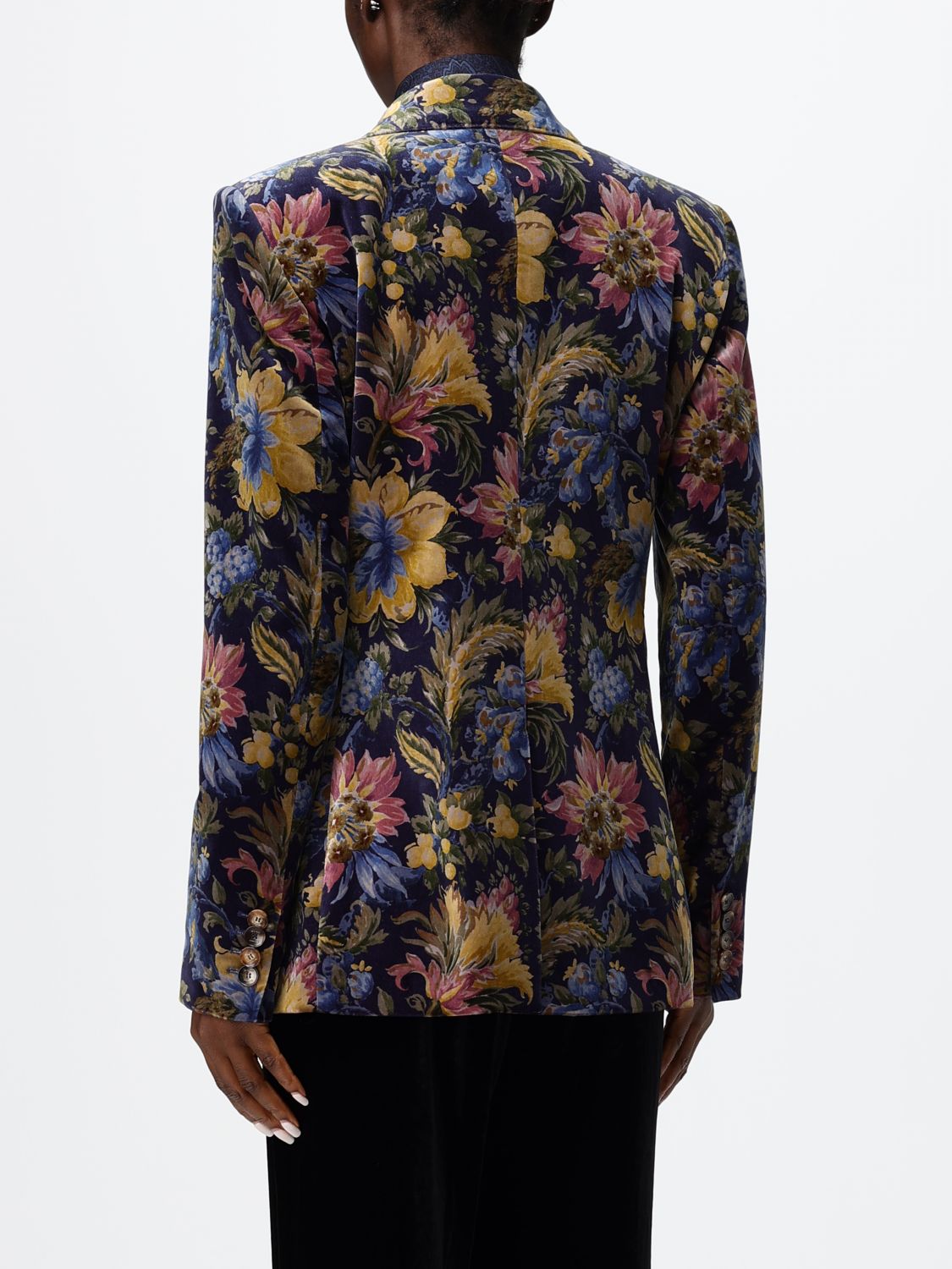 ETRO JACKET: Etro Floral Print Velvet Double-Breasted Blazer with Peak Lapels, Blue - Img 3