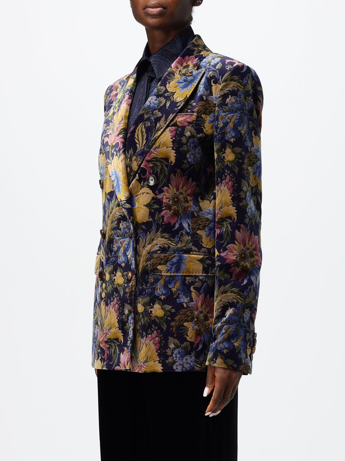 ETRO JACKET: Etro Floral Print Velvet Double-Breasted Blazer with Peak Lapels, Blue - Img 4