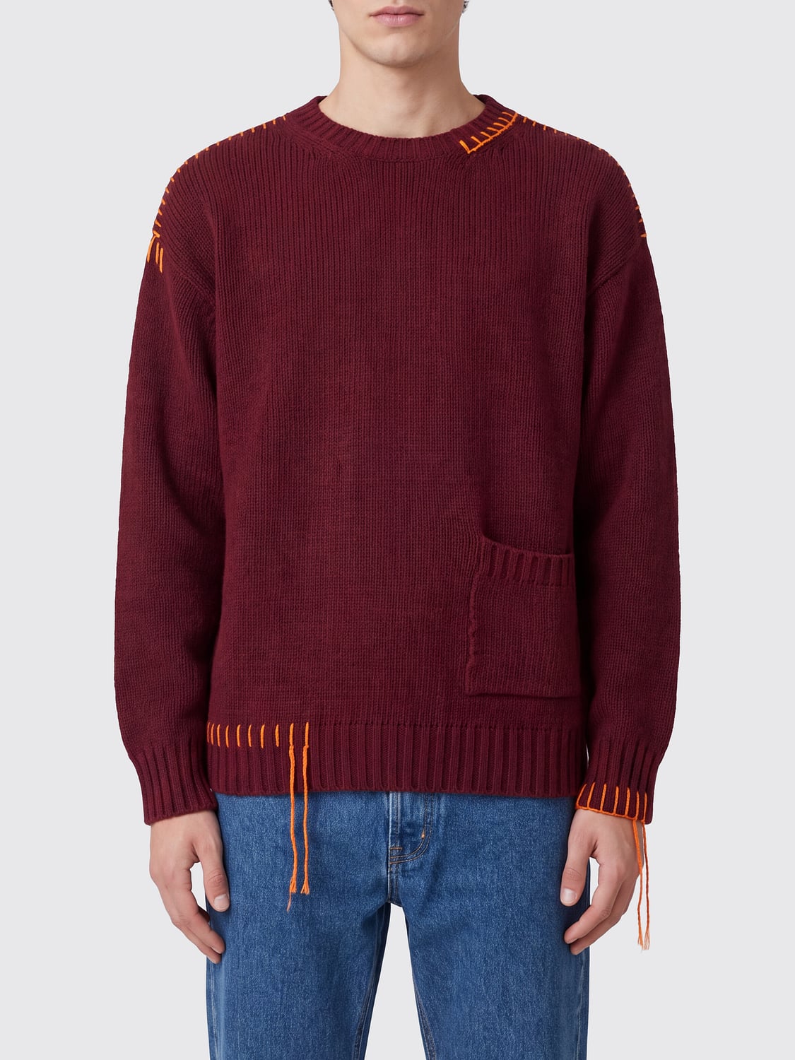 AMISH MAGLIA: Maglia girocollo Amish in lana con cuciture a contrasto, Bordeaux - Img 1