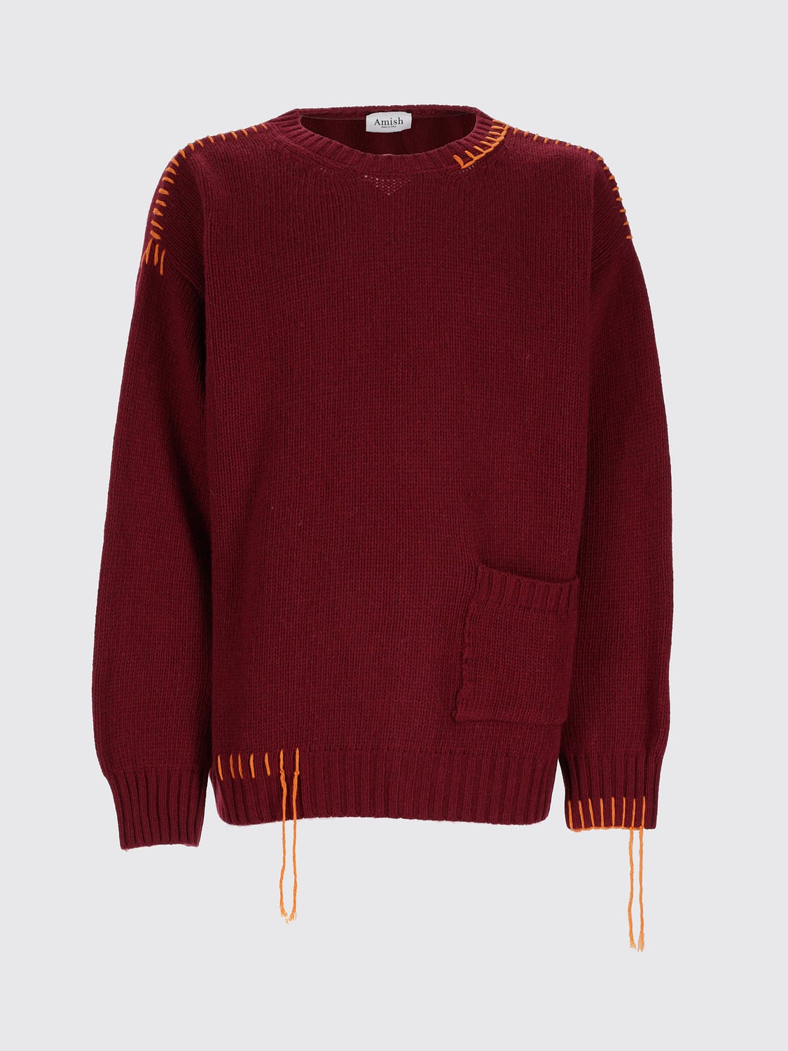 AMISH MAGLIA: Maglia girocollo Amish in lana con cuciture a contrasto, Bordeaux - Img 2