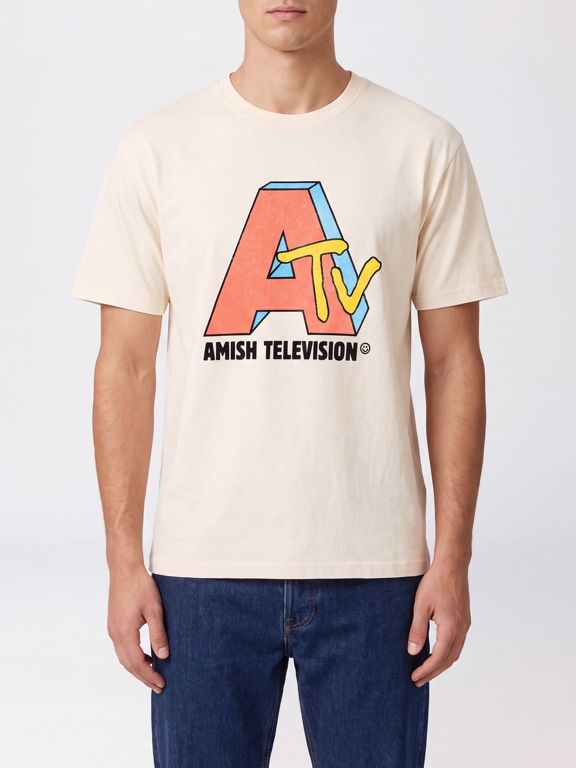 AMISH CAMISETA: Camiseta de algodón Amish con logo estampado en contraste en la parte delantera, Marfil - Img 1