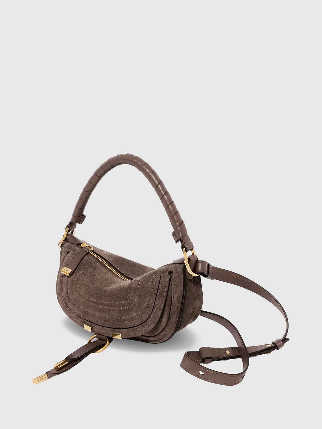 CHLOÉ BORSA A MANO: Mini borsa a mano Chloé in pelle e camoscio con manico intrecciato, Grigio - Img 3