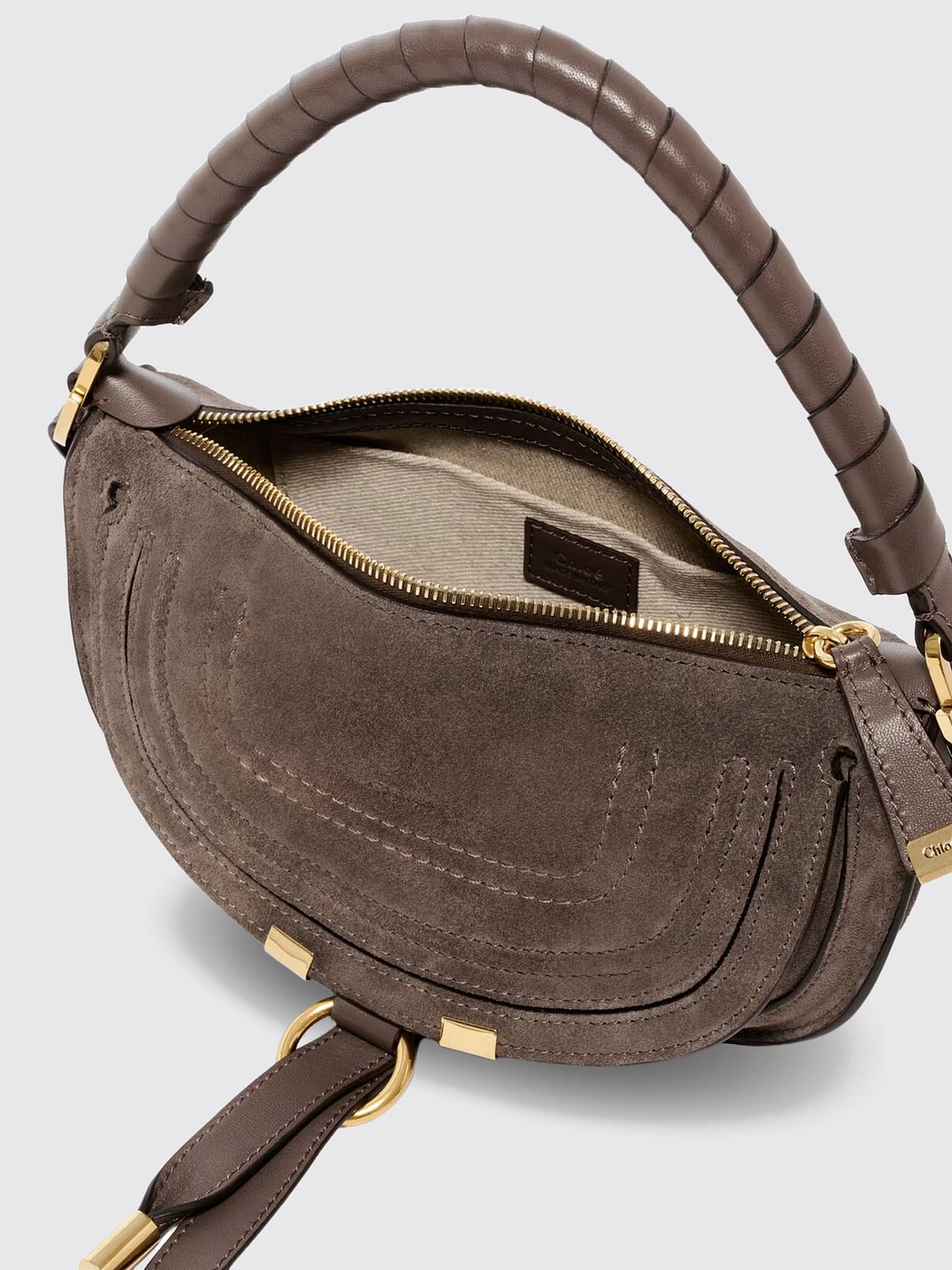 CHLOÉ BORSA A MANO: Mini borsa a mano Chloé in pelle e camoscio con manico intrecciato, Grigio - Img 4