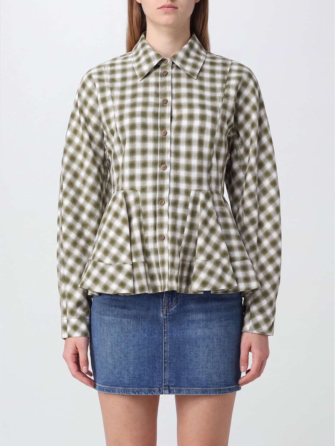 GANNI CAMICIA: Camicia Ganni a maniche lunghe in cotone con motivo a quadri, Fantasia - Img 1