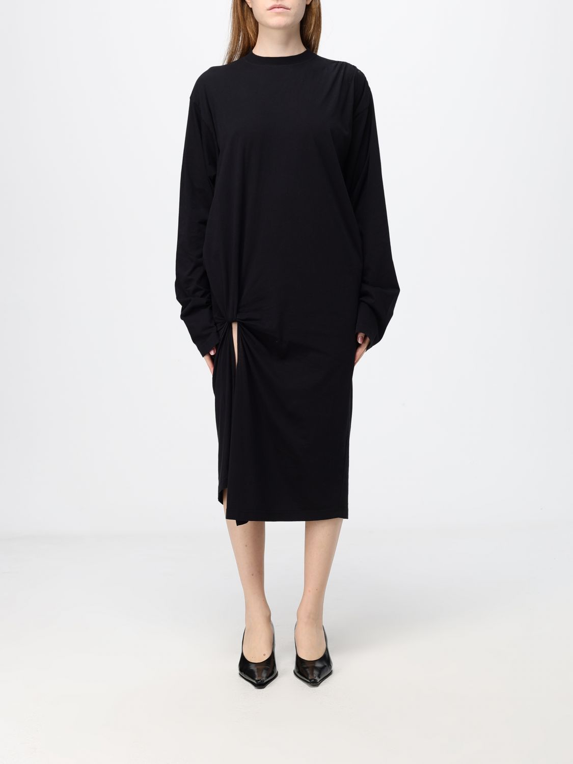 BALENCIAGA VESTIDO: Túnica midi Balenciaga de algodón con cuello redondo y hombros caídos, Negro - Img 1