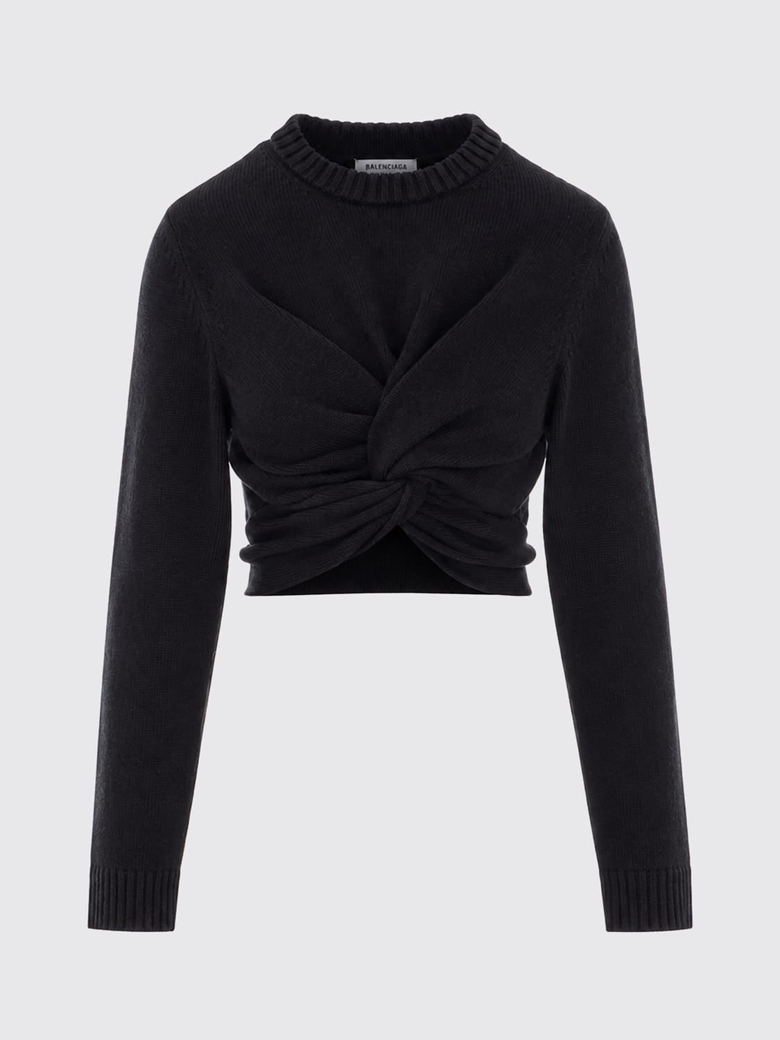 BALENCIAGA PULLOVER: Drapierter Wollpullover Balenciaga mit Rundhals und asymmetrischem Saum, Schwarz - Img 2