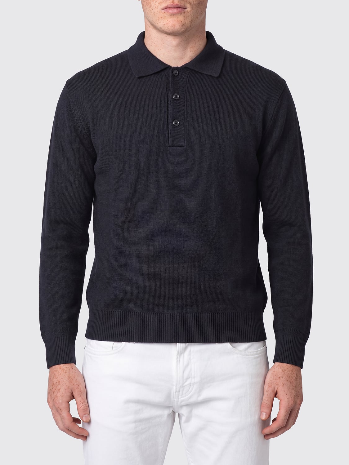 PAOLO PECORA POLO SHIRT: Long-Sleeved Wool Knit Polo Shirt Paolo Pecora with Three-Button Placket, Navy - Img 1
