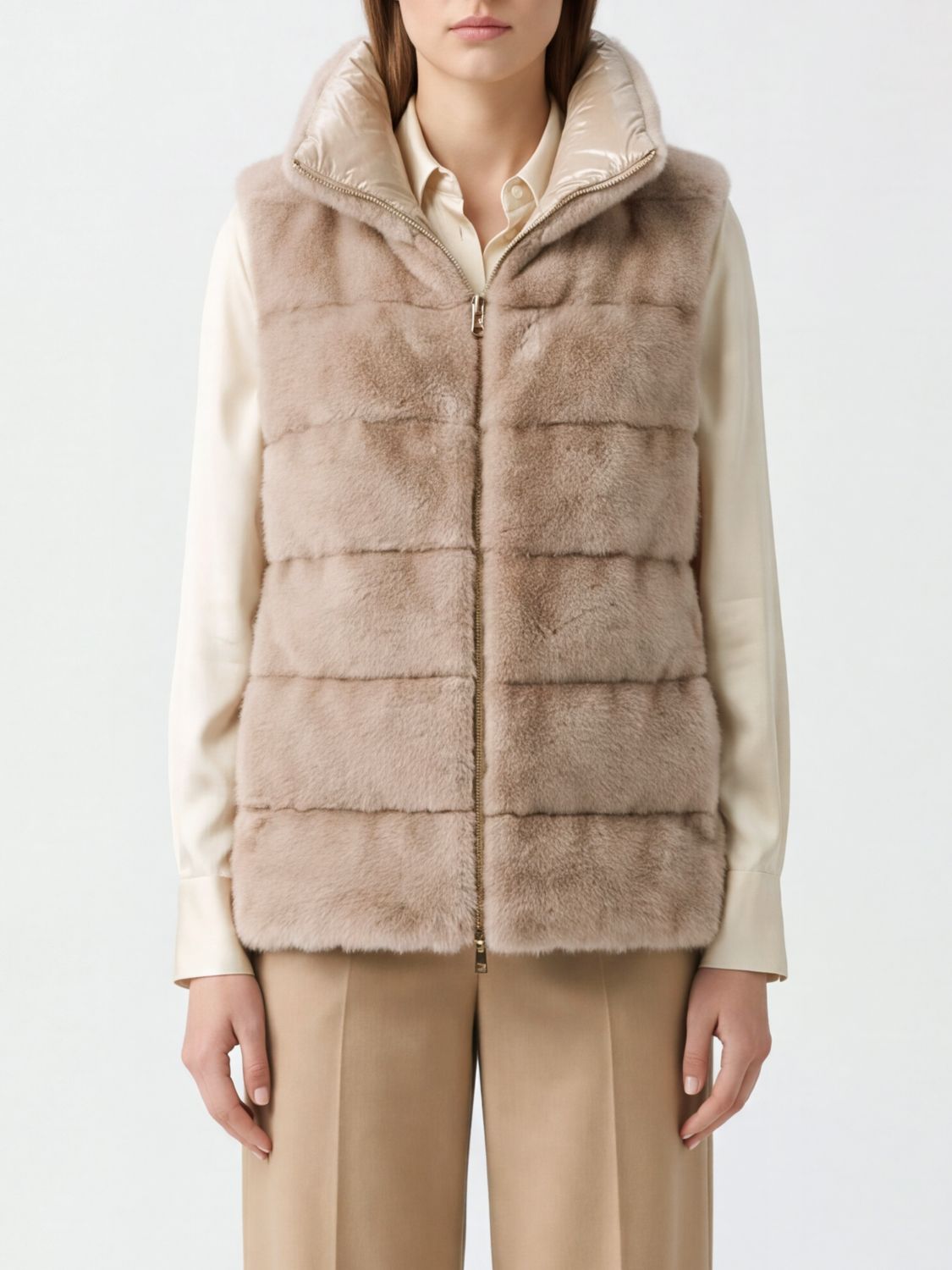 HERNO FUR COAT: Herno Padded Faux Fur Gilet with High Neck and Zip, Beige - Img 1