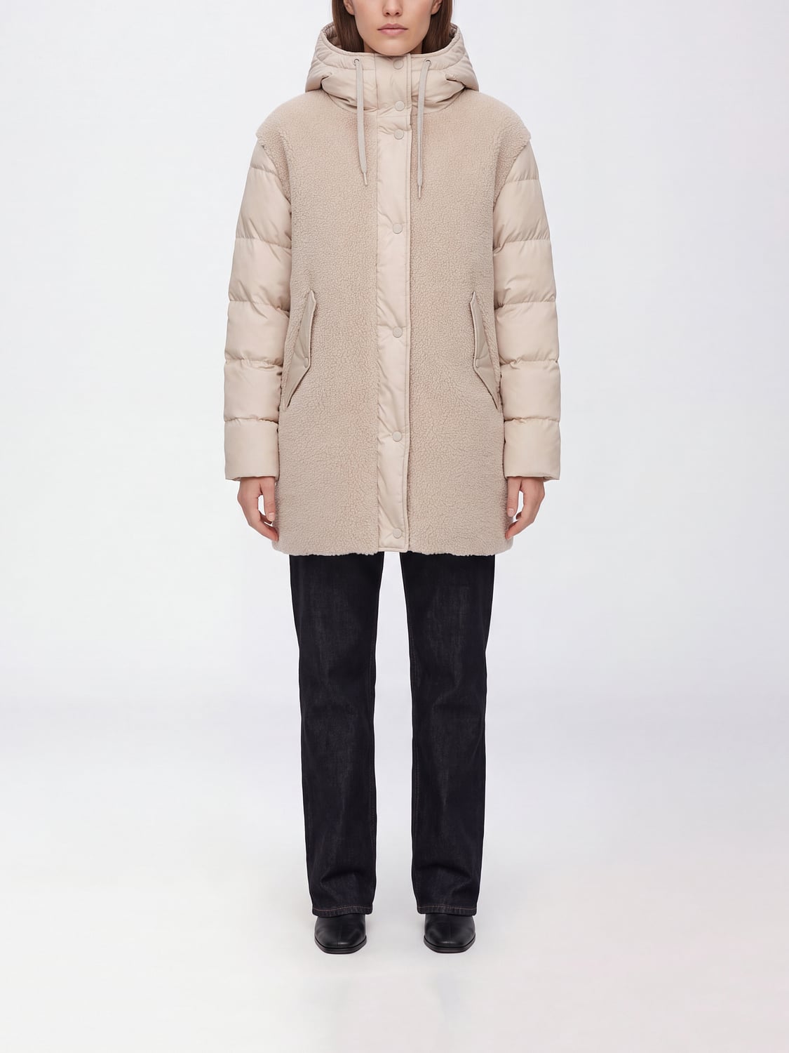 HERNO JACKET: Herno Knee-Length Fleece and Technical Fabric Down Jacket with Hood, Cream - Img 1