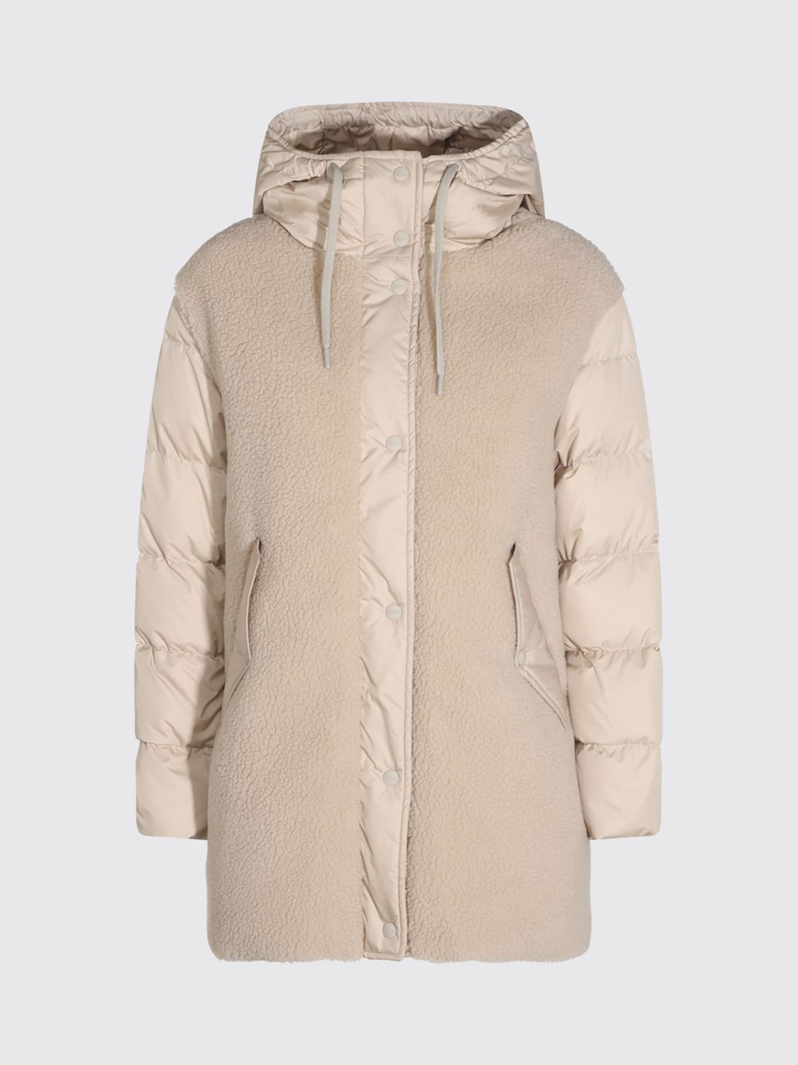 HERNO JACKET: Herno Knee-Length Fleece and Technical Fabric Down Jacket with Hood, Cream - Img 2