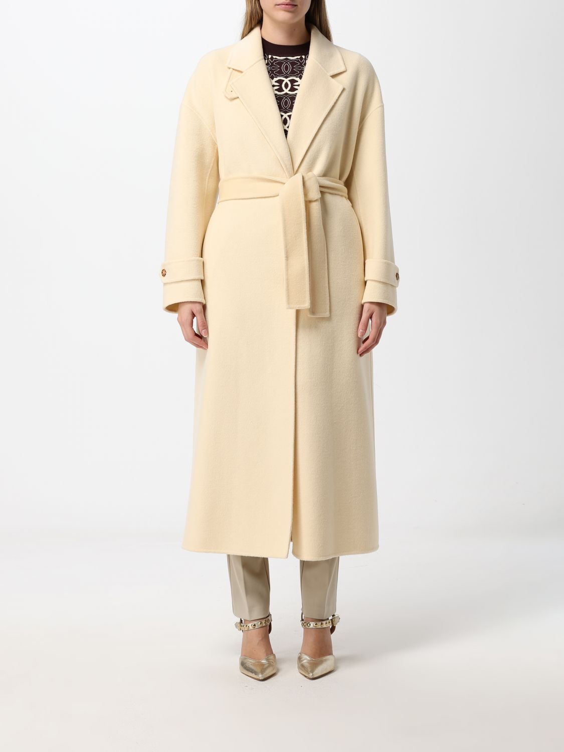 PINKO COAT: Long Wool Robe Coat Pinko with a Belt and Lapel Collar, Yellow - Img 1