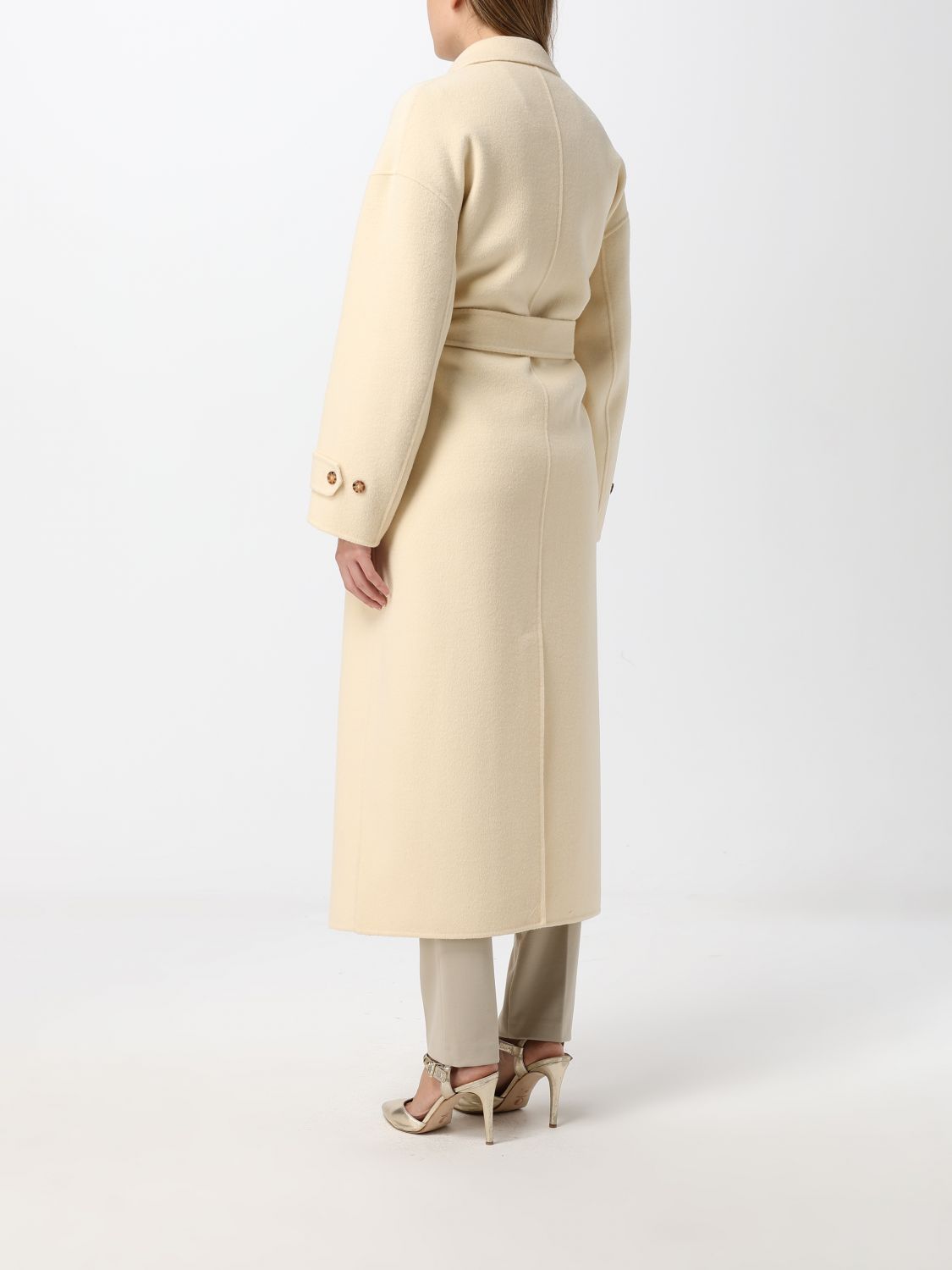 PINKO COAT: Long Wool Robe Coat Pinko with a Belt and Lapel Collar, Yellow - Img 2