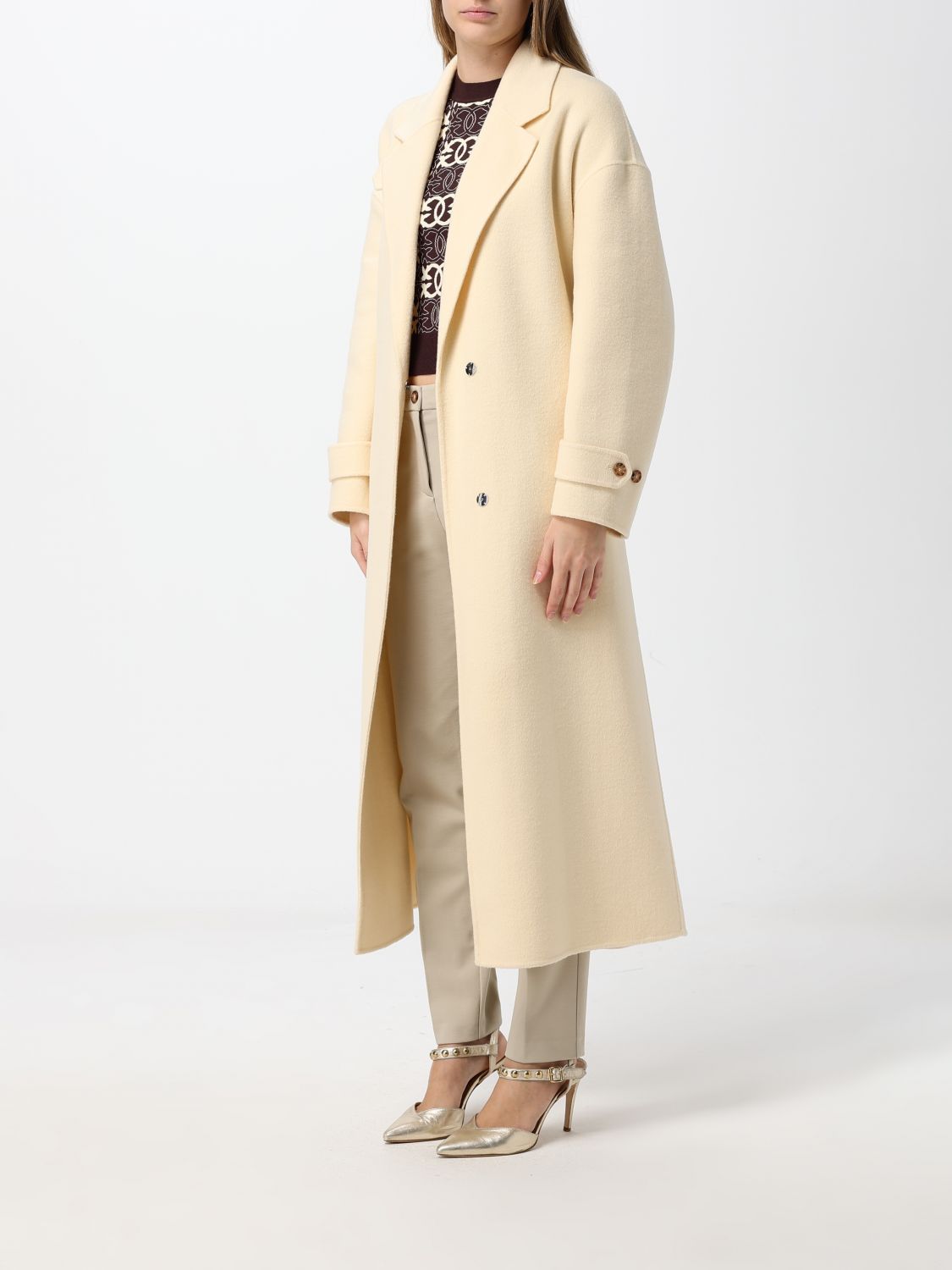 PINKO COAT: Long Wool Robe Coat Pinko with a Belt and Lapel Collar, Yellow - Img 3