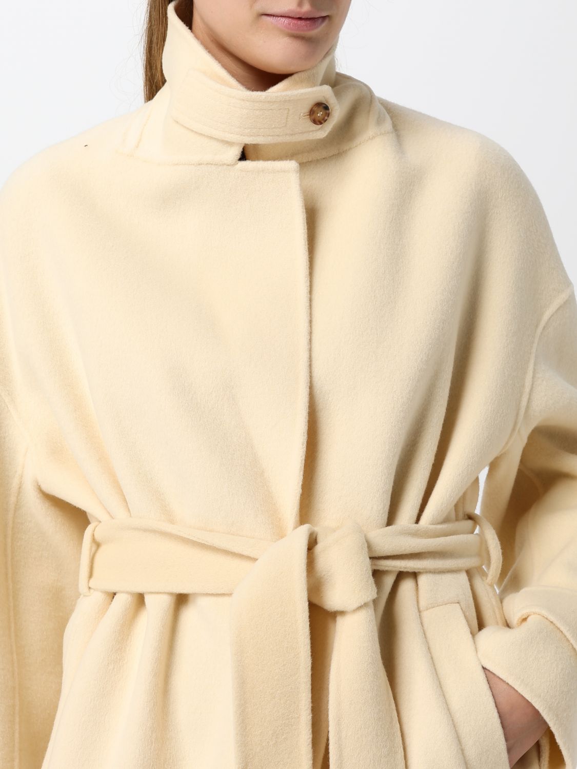 PINKO COAT: Long Wool Robe Coat Pinko with a Belt and Lapel Collar, Yellow - Img 4