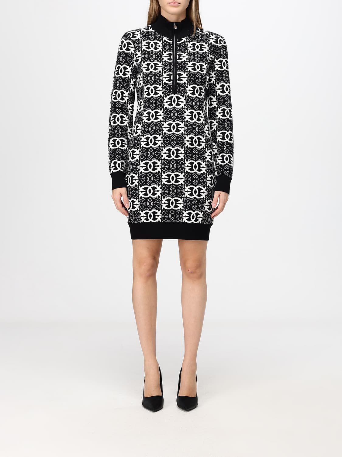PINKO ABITO: Mini abito Reims Pinko in maglia jacquard con logo e collo alto, Nero - Img 1