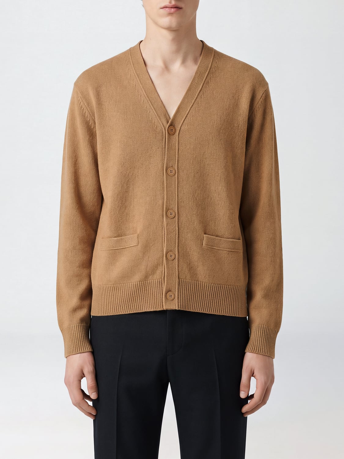 CELINE SWEATER: Celine V-Neck Cardigan in 100% Cashmere with Patches and Patch Pockets, Beige - Img 1