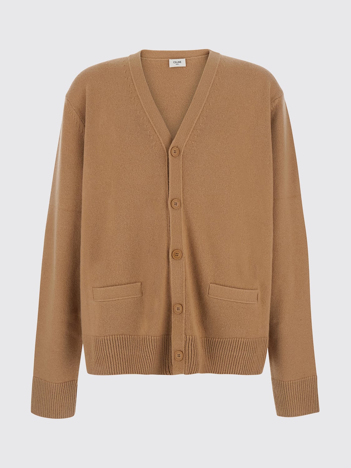 CELINE SWEATER: Celine V-Neck Cardigan in 100% Cashmere with Patches and Patch Pockets, Beige - Img 2