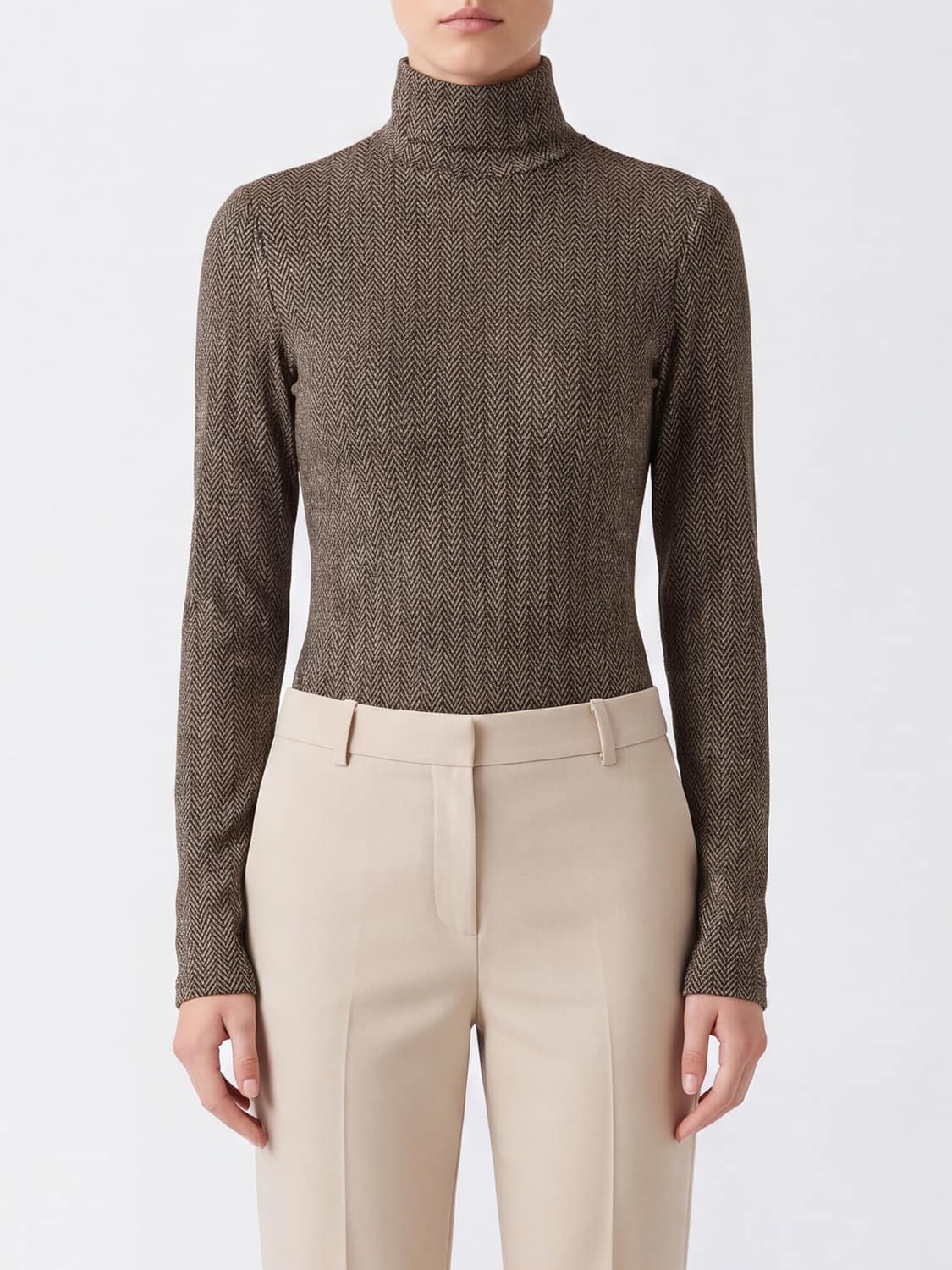 MAISON MARGIELA TOP: Body de cuello alto slim fit Maison Margiela de viscosa elástica con motivo de chevrón, Beige - Img 1