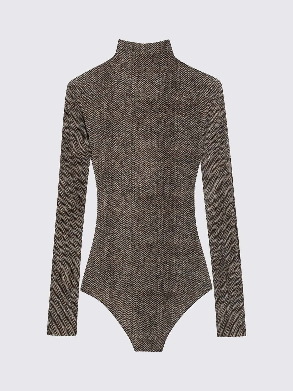 MAISON MARGIELA TOP: Body de cuello alto slim fit Maison Margiela de viscosa elástica con motivo de chevrón, Beige - Img 3