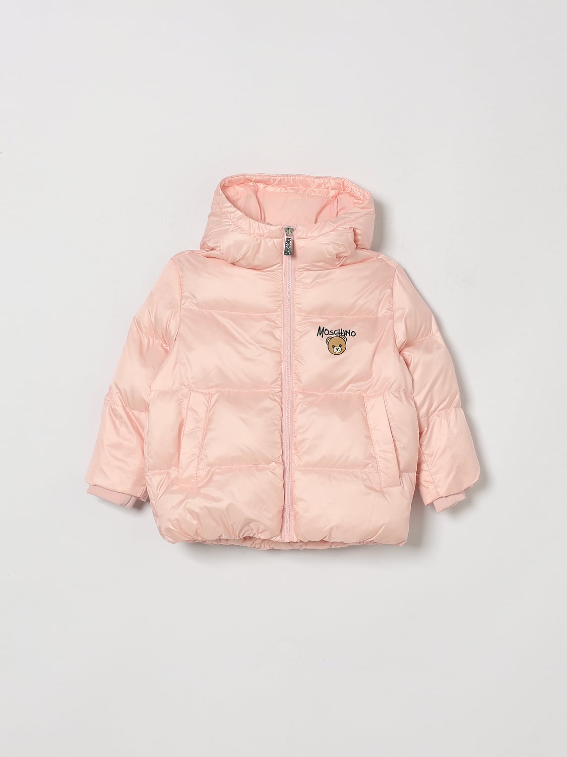 MOSCHINO JACKET: Moschino Boy's Short Quilted Nylon Puffer Jacket with a Hood and Contrast Logo, Pink - Img 1