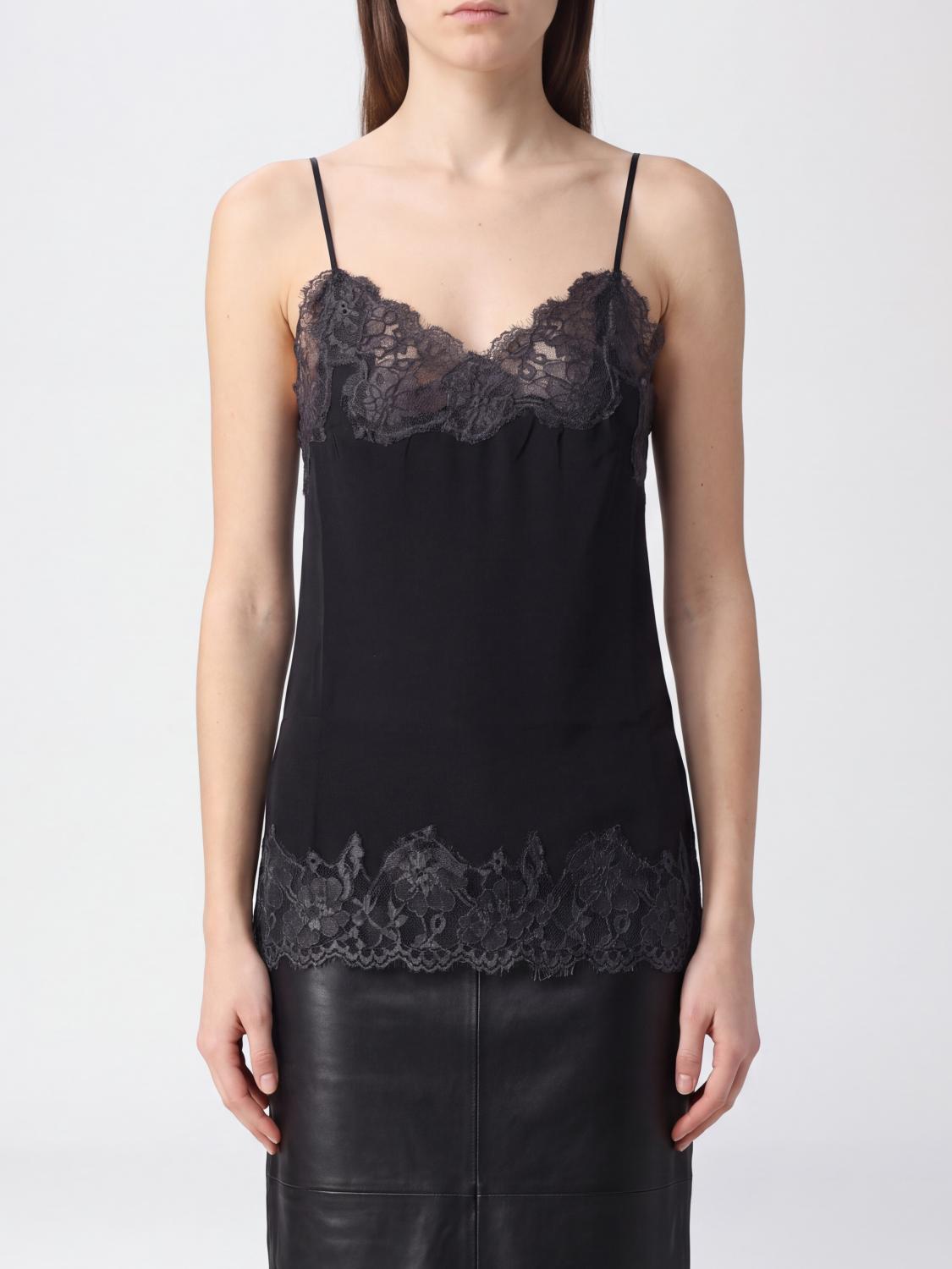 GOLD HAWK TOP: Gold Hawk V-Neck Silk Top with Contrast Lace Inserts, Black - Img 1