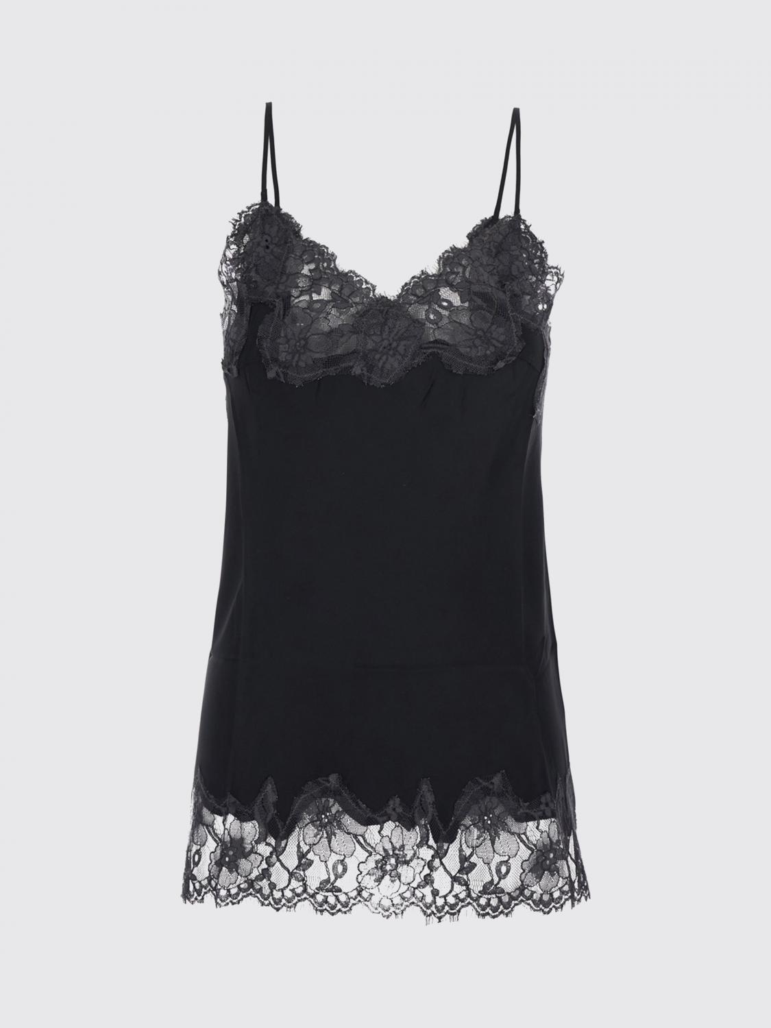GOLD HAWK TOP: Gold Hawk V-Neck Silk Top with Contrast Lace Inserts, Black - Img 2