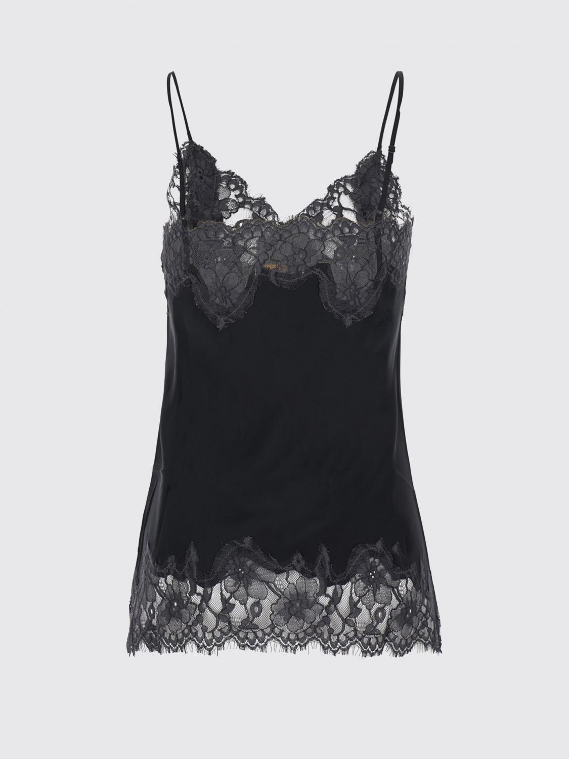 GOLD HAWK TOP: Gold Hawk V-Neck Silk Top with Contrast Lace Inserts, Black - Img 3